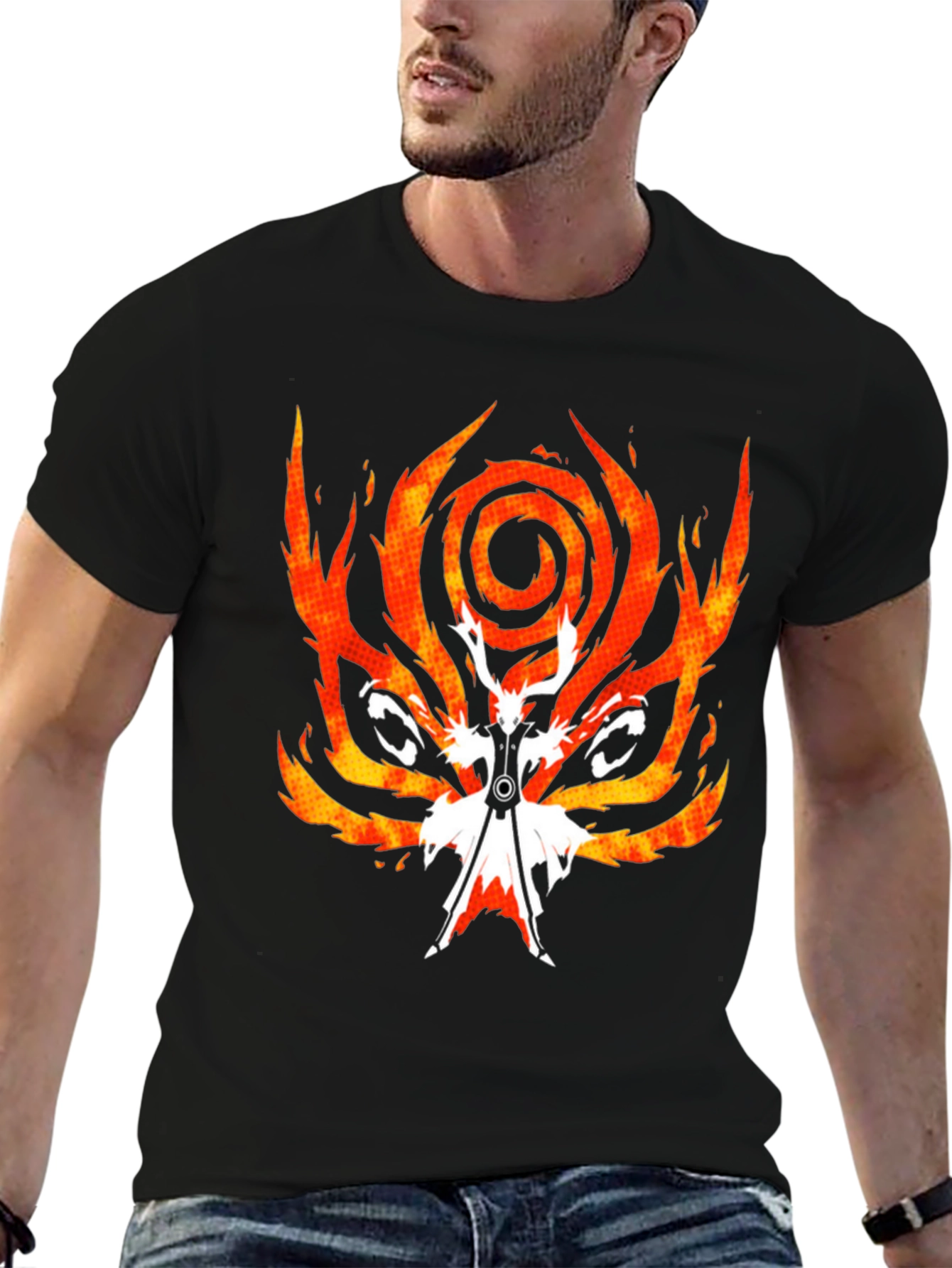 Black Fiery Anime Graphic Tee - Black Cotton Blend view 6