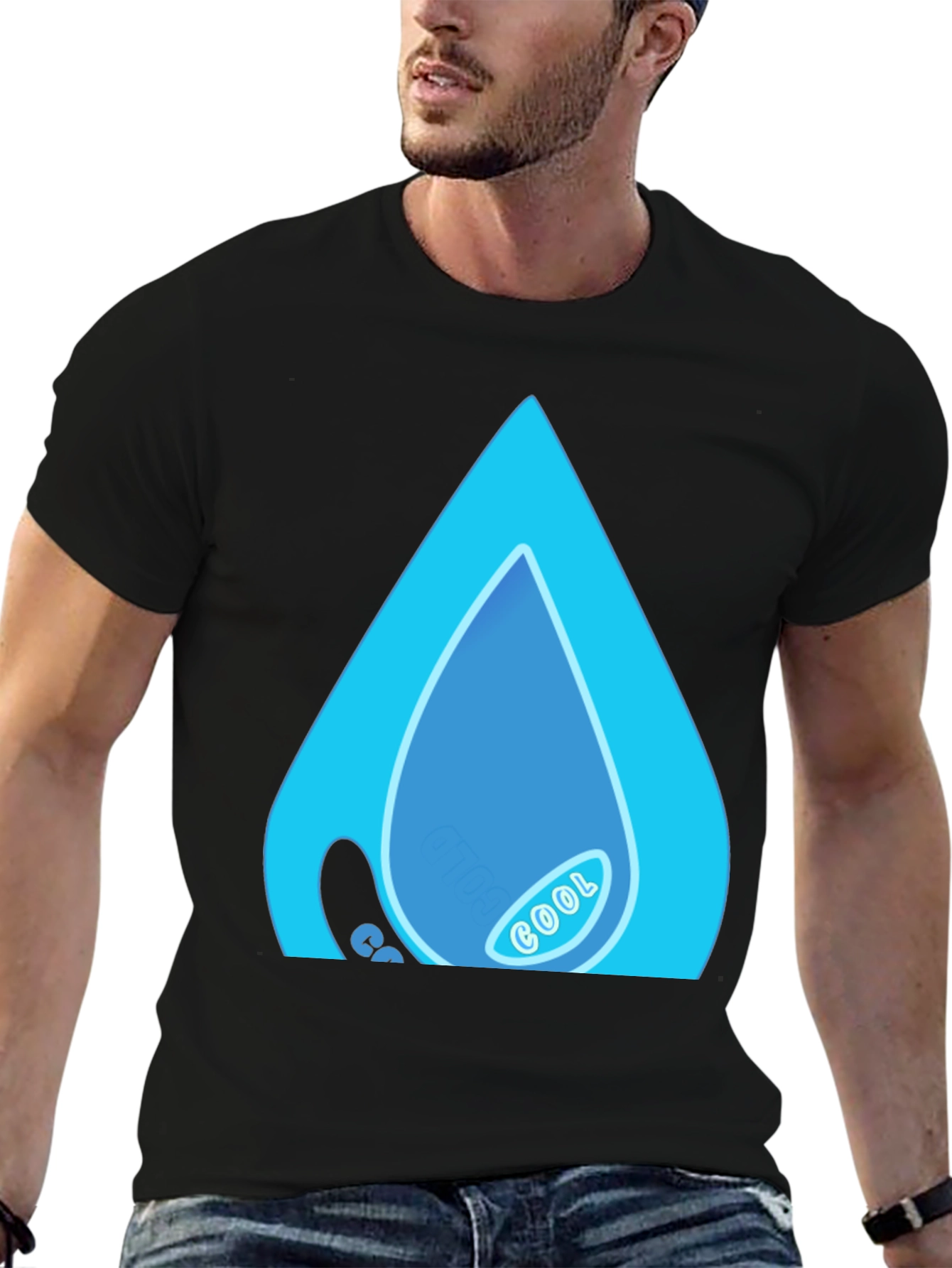 Black Cool Water Drop Graphic Black T-Shirt view 6