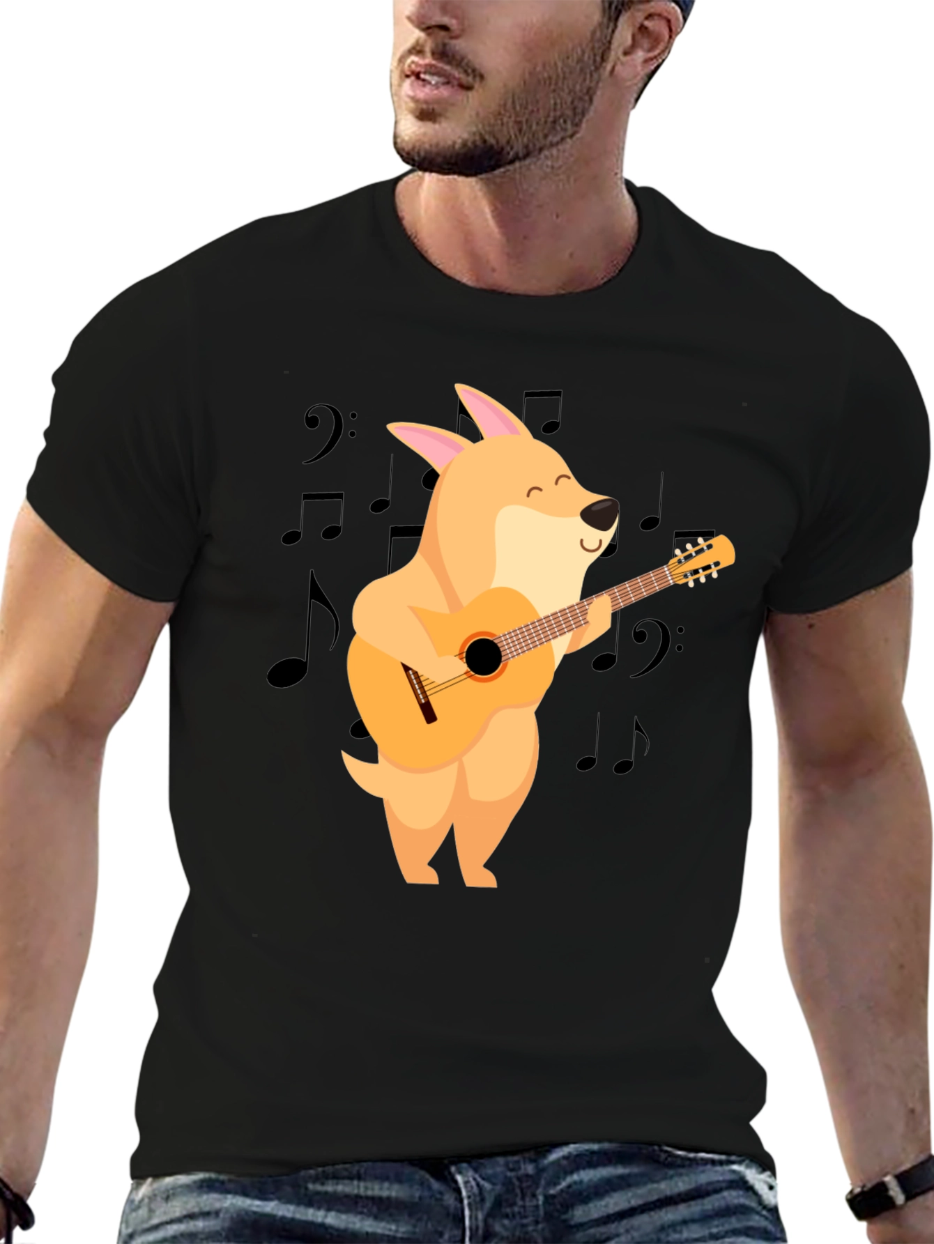 Black Dog Playing Guitar Black T-Shirt view 6
