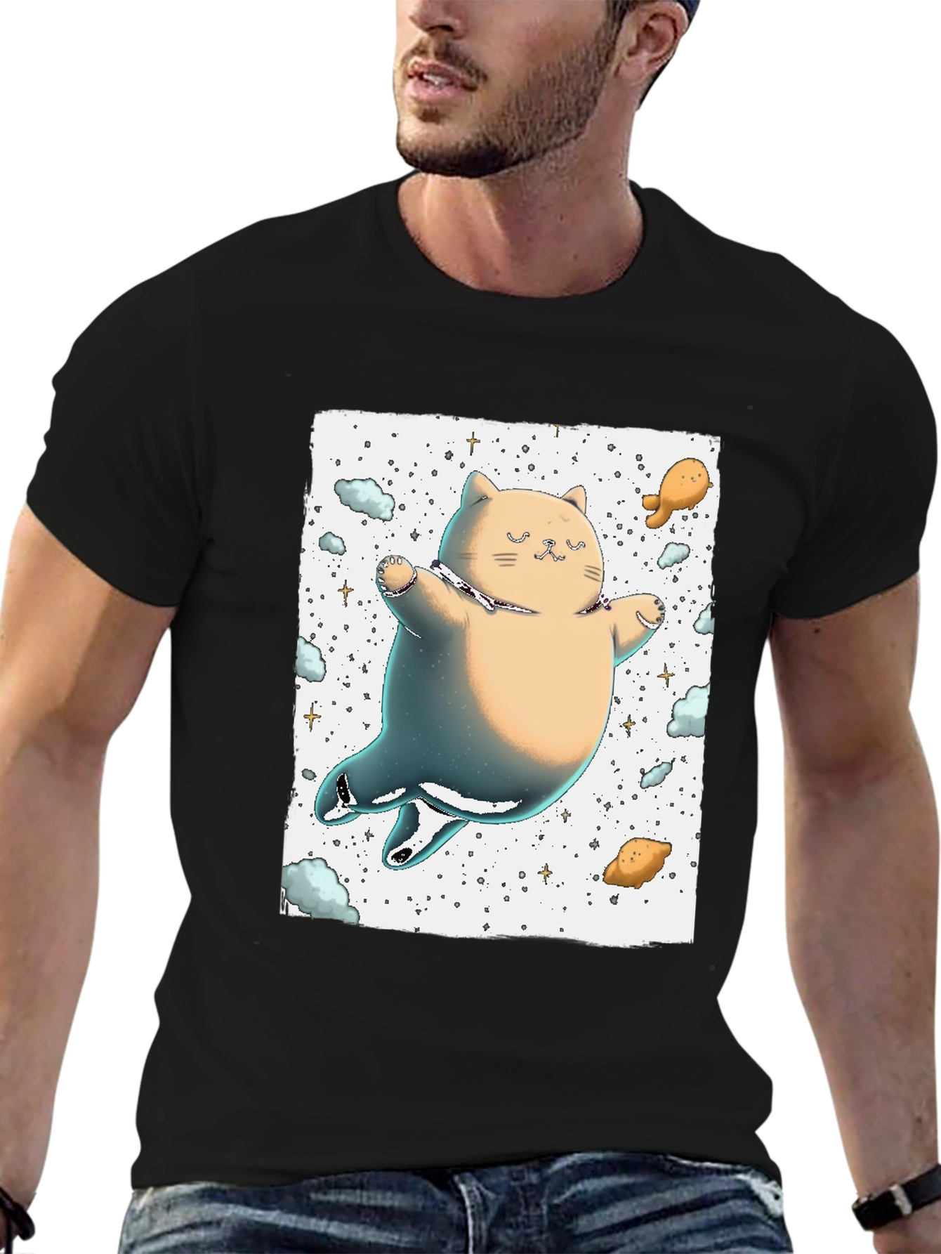 Black Space Cat T-Shirt - Adorable Feline in the Cosmos! view 6