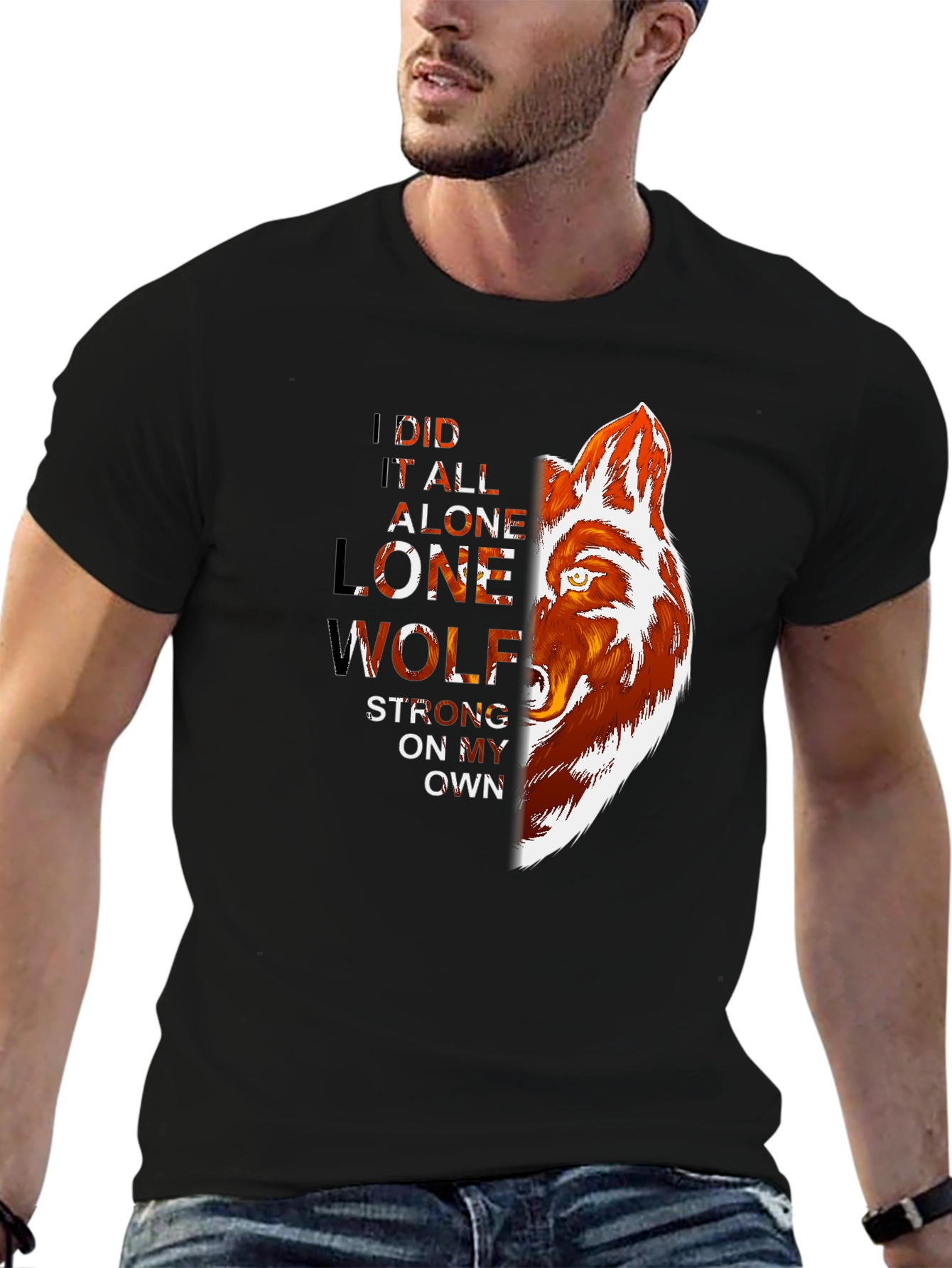 Black Lone Wolf Graphic Print T-Shirt - Strong, Independent Style view 6