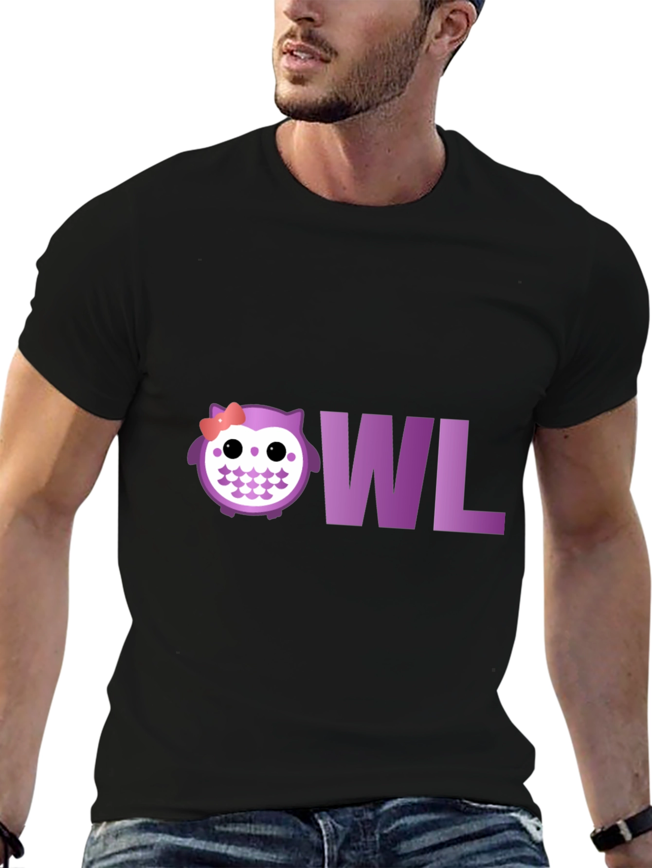 Black Cute Owl T-Shirt - Purple Graphic Tee view 6