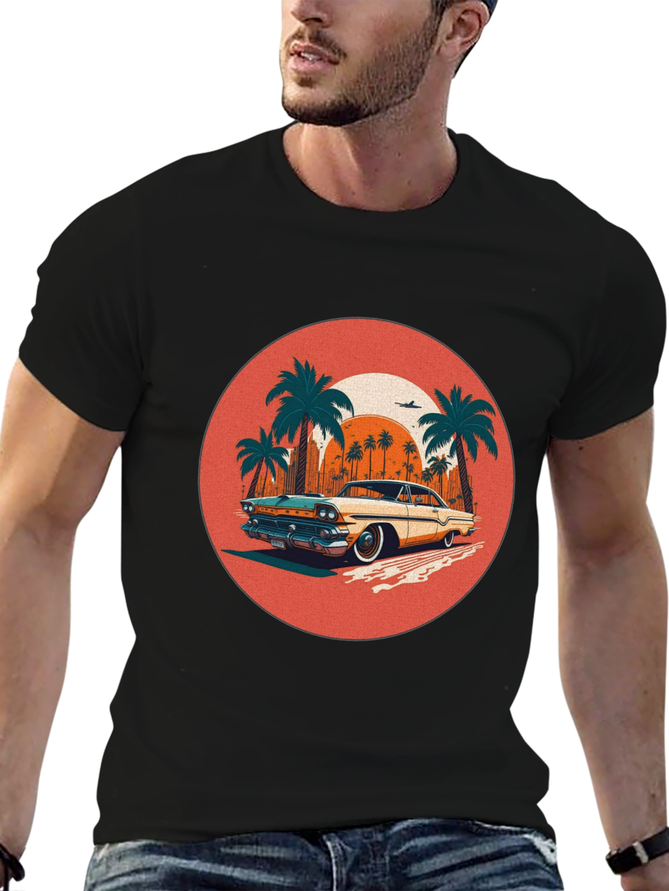 Black Retro Car & Palms Graphic Tee view 6
