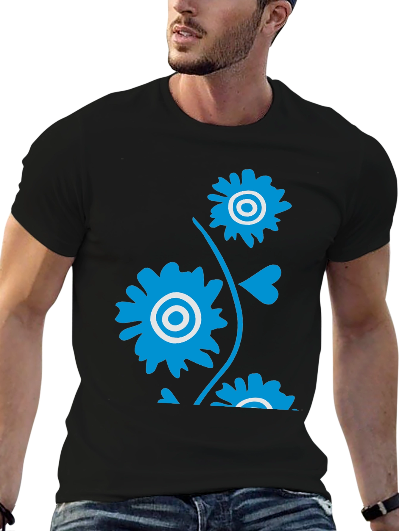 Black Men's Black T-Shirt with Blue Floral Design view 6