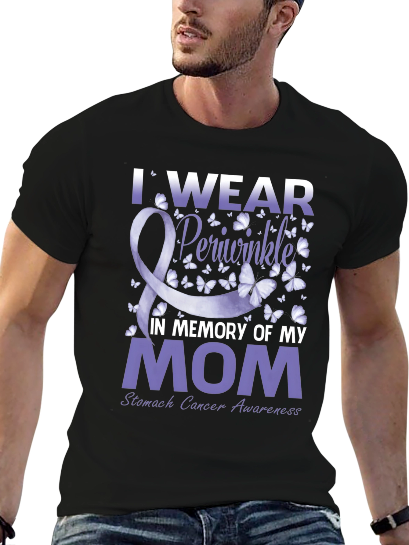 Black I Wear Periwinkle Stomach Cancer Awareness T-Shirt view 6
