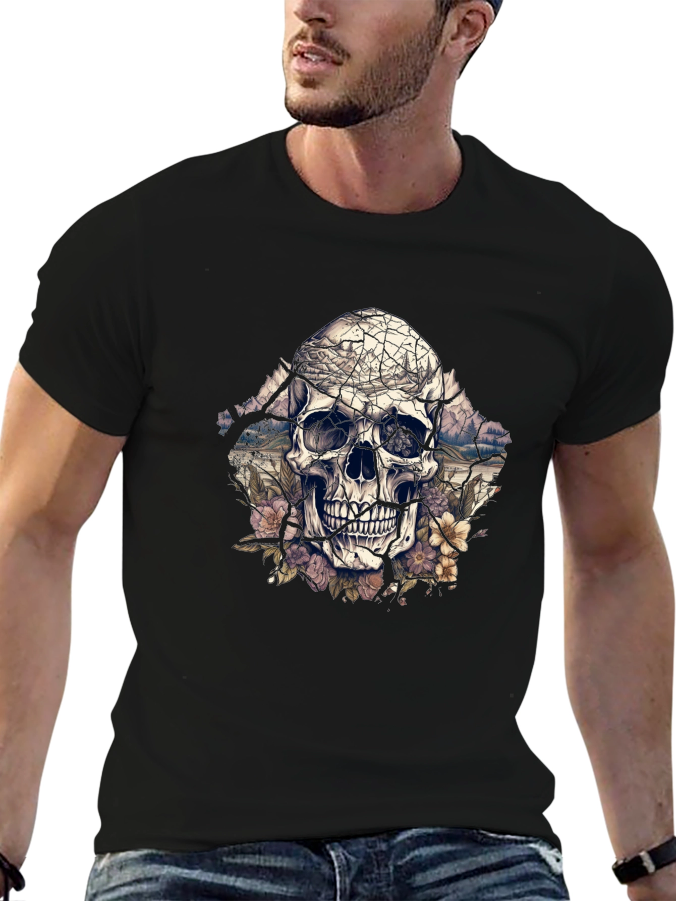 Black Floral Skull Graphic Tee - Unique Design view 6