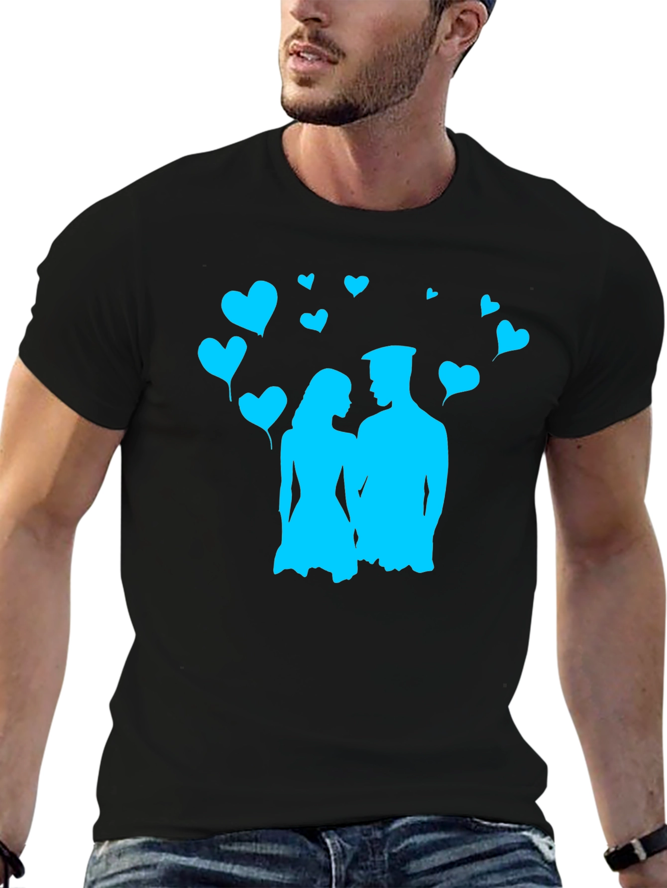Black Couple's Love T-Shirt - Black with Blue Heart Design view 6