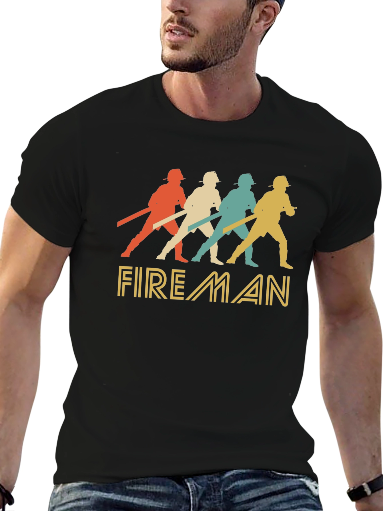 Black Retro Fireman Graphic Tee - Vintage Style Firefighter Shirt view 6