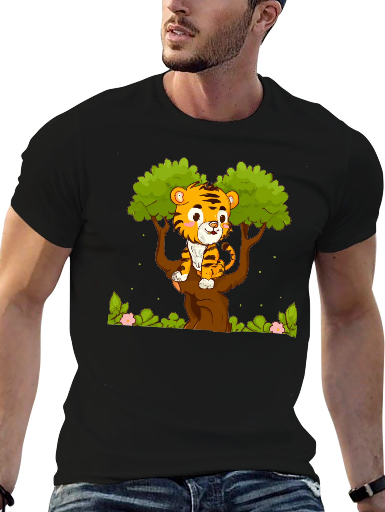 Black Cute Tiger Cub in Tree Graphic T-Shirt view 6