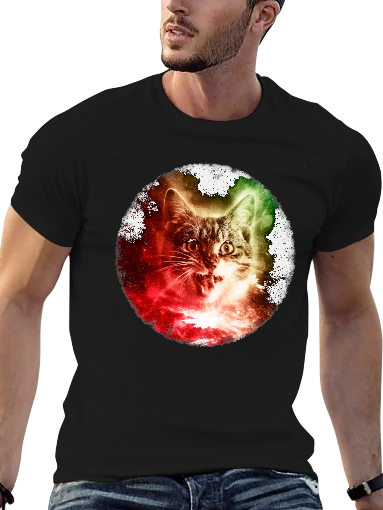 Black Galaxy Cat Graphic Tee - Unique Space Kitten T-Shirt view 6