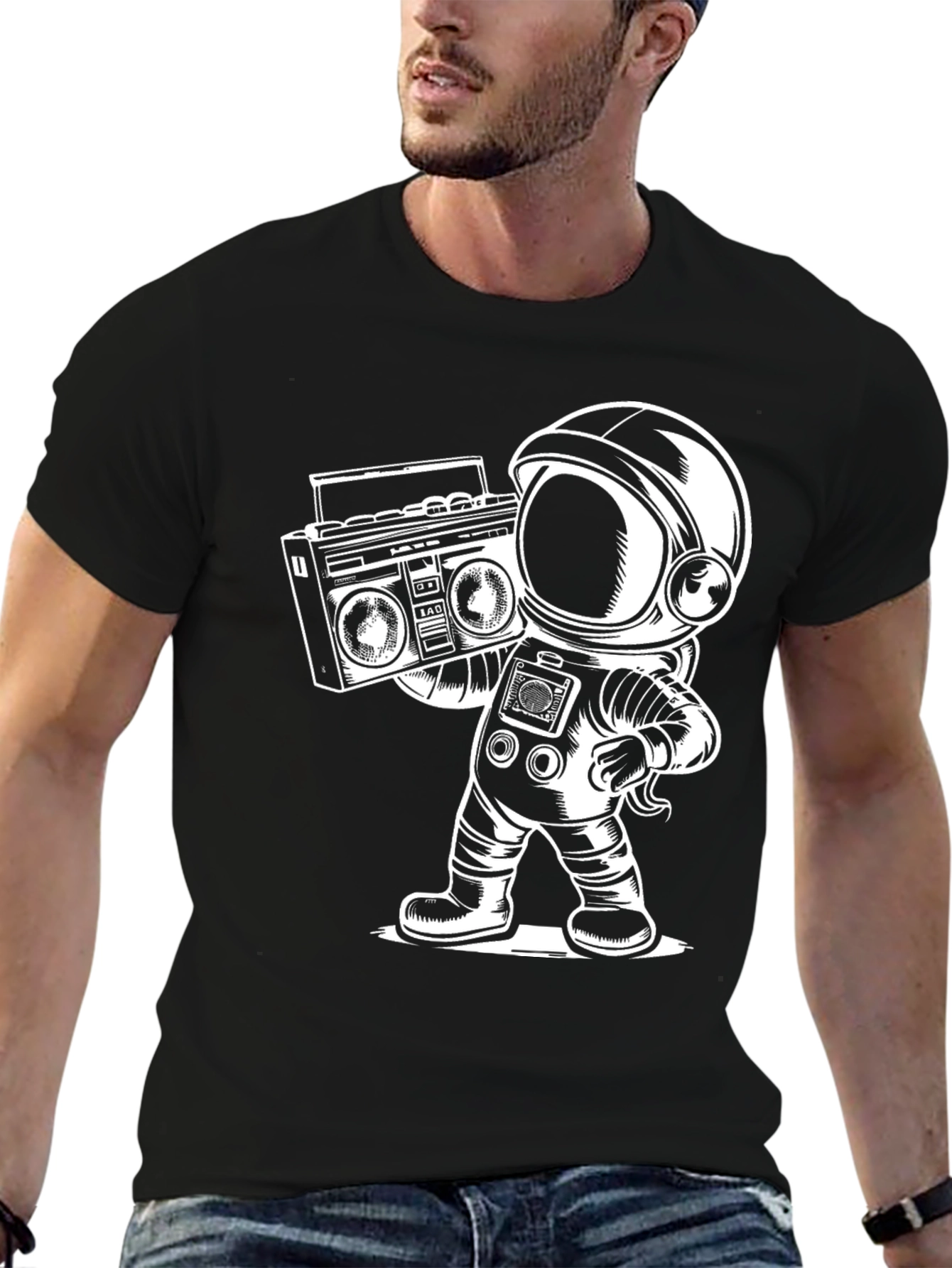 Black Retro Astronaut Boombox T-Shirt view 6