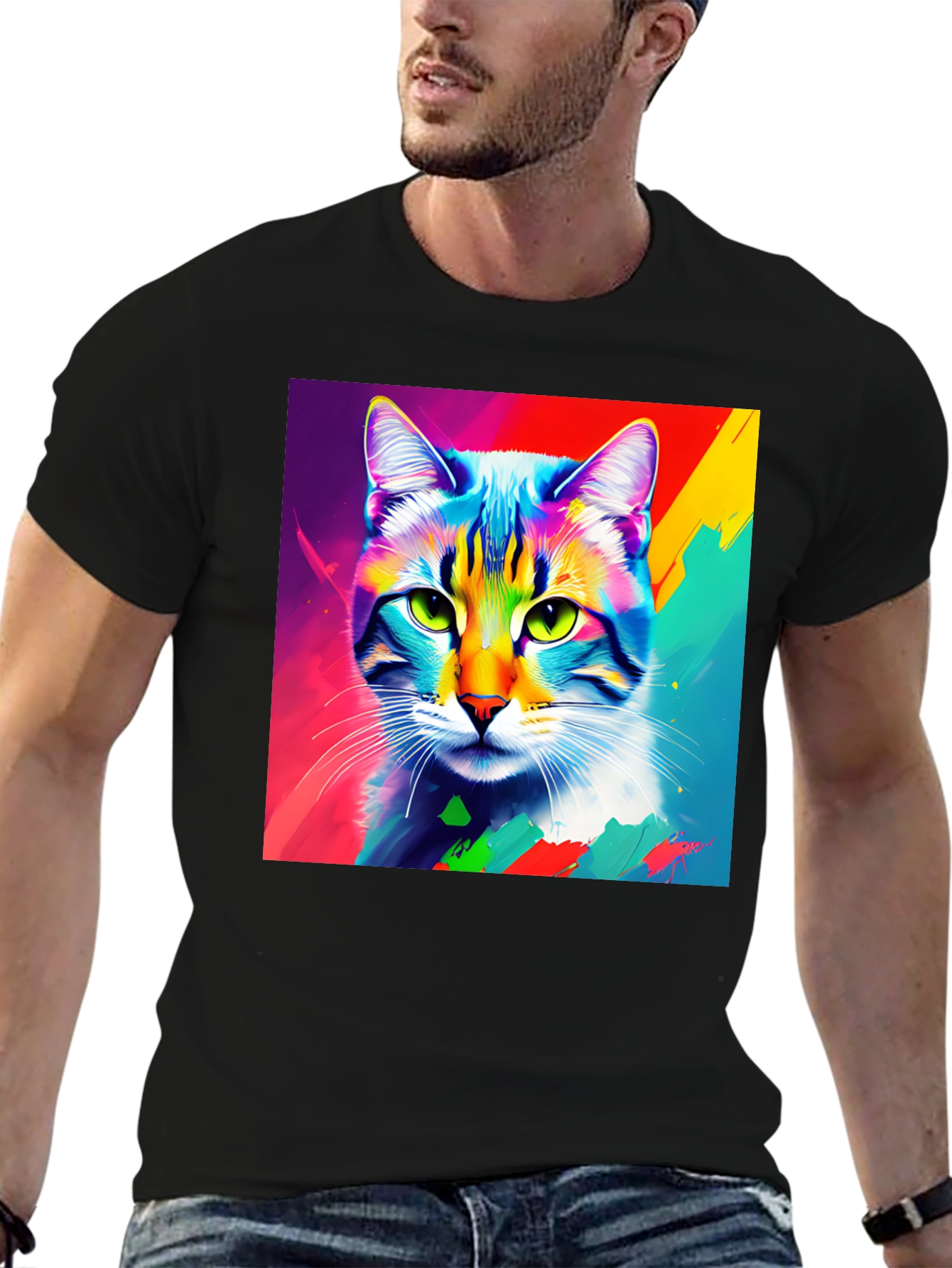 Black Vibrant Cat Portrait Graphic Tee - Stylish Crew Neck T-Shirt view 6