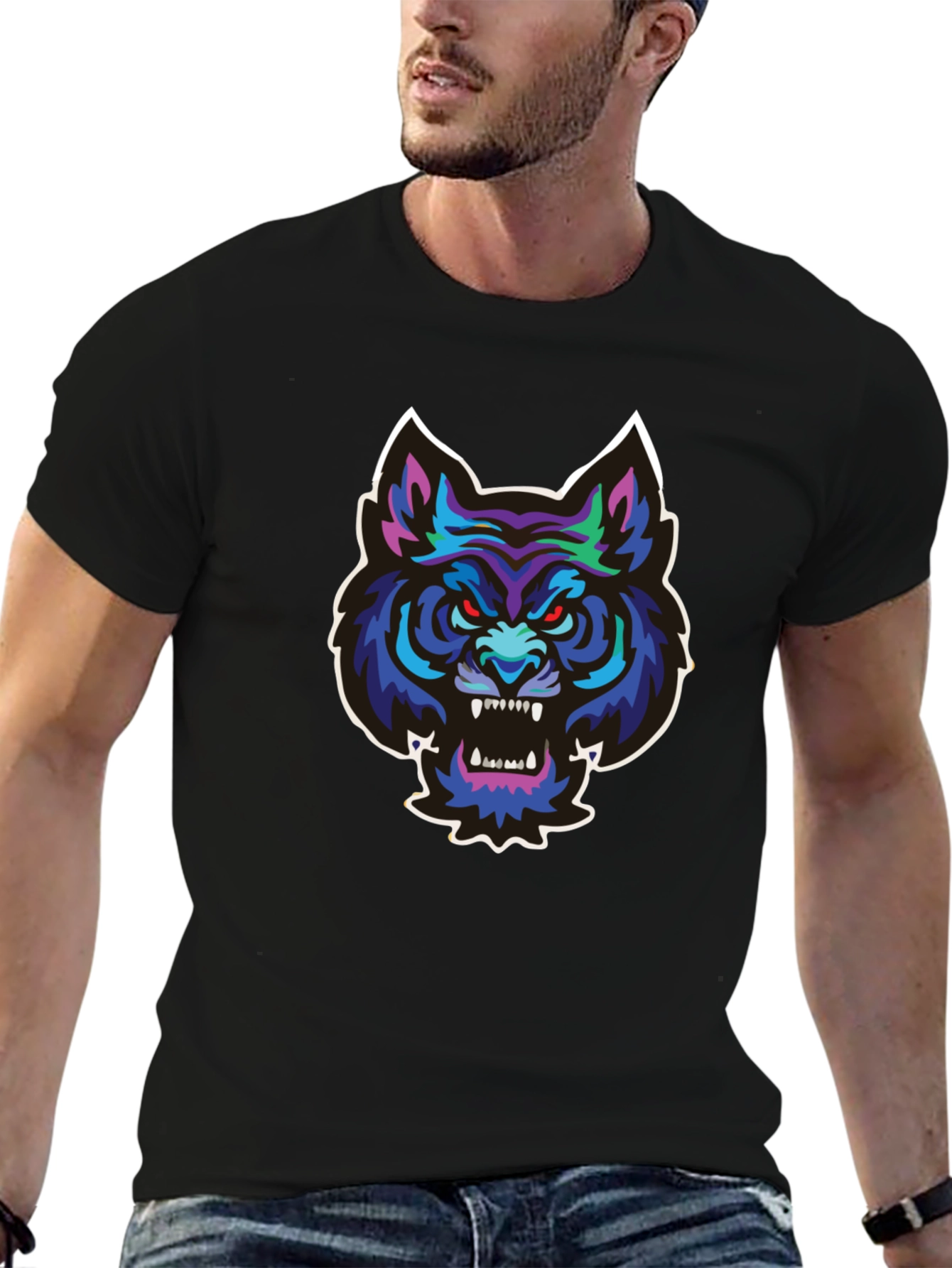 Black Men's Black T-Shirt with Wolf Graphic view 6