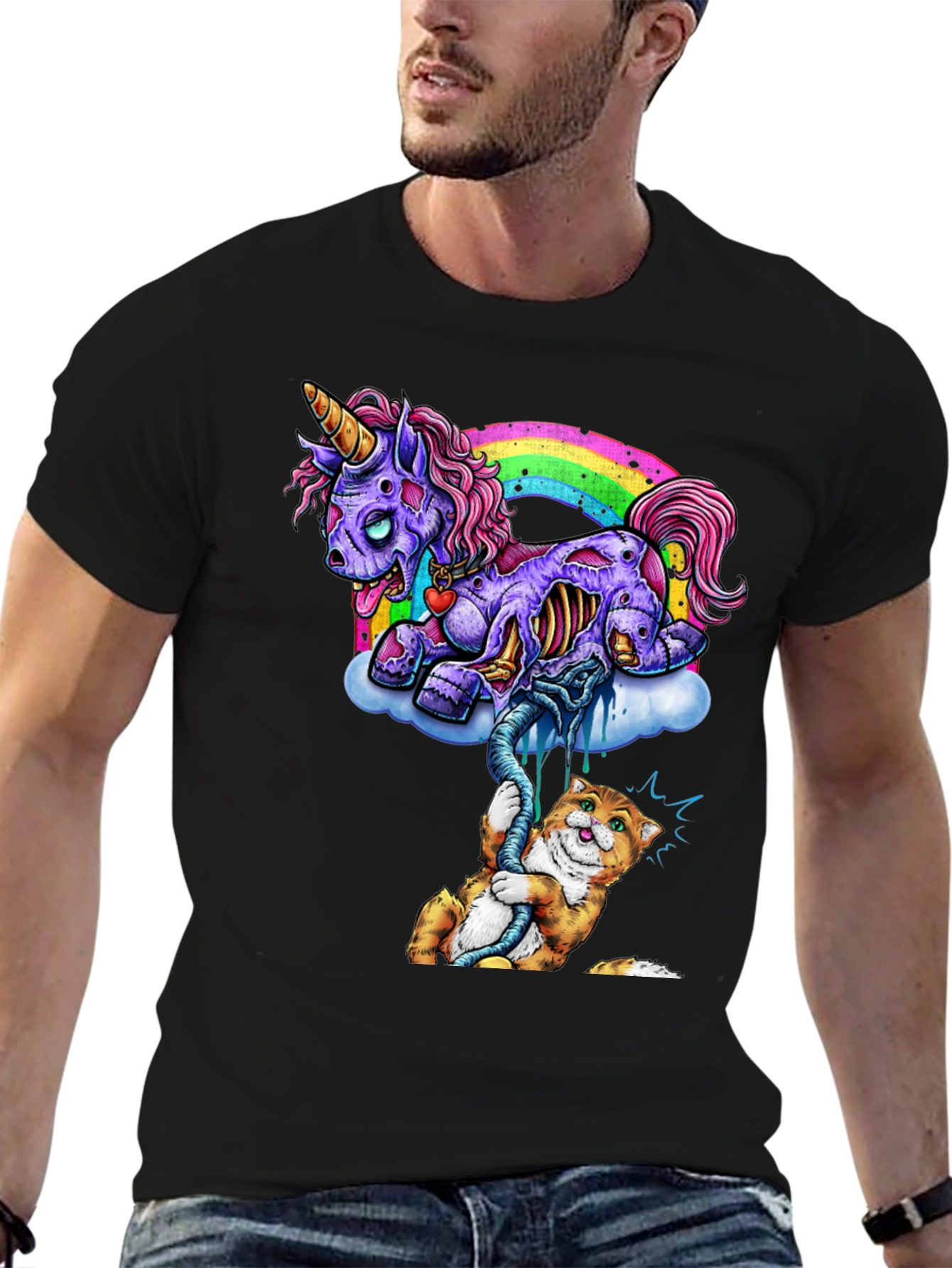 Black Zombie Unicorn & Cat Graphic Tee view 6