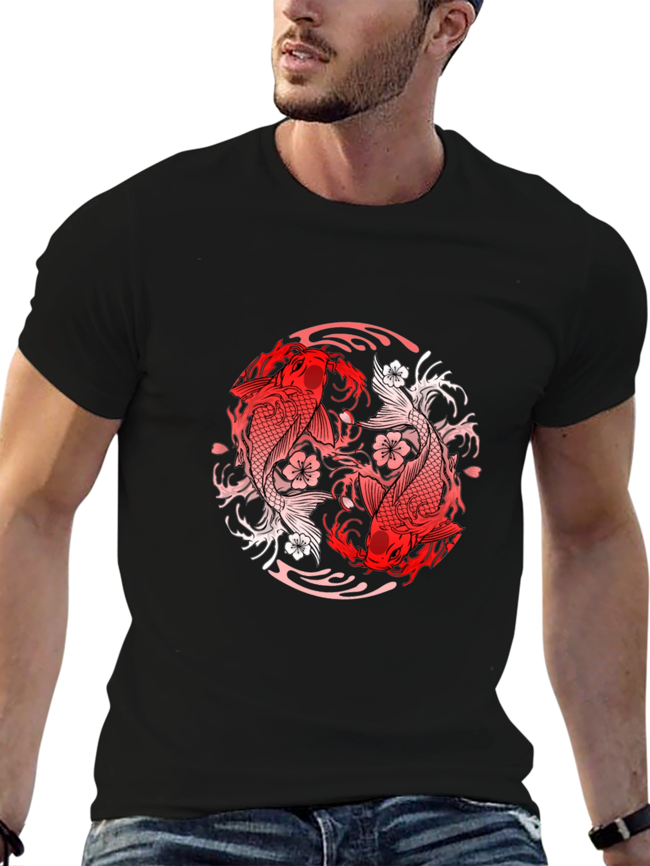 Black Yin Yang Koi Fish Graphic Tee - Black view 6