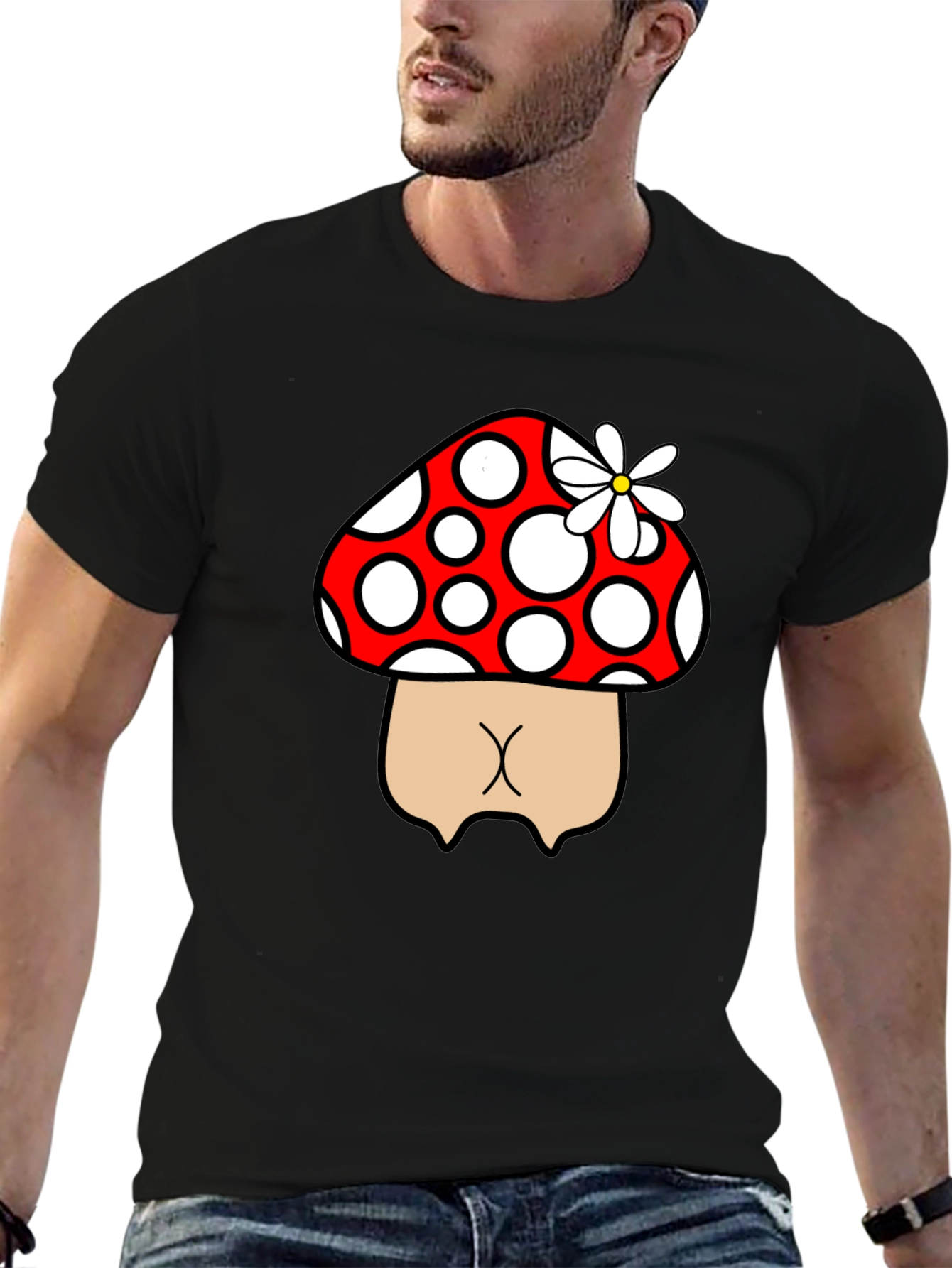 Black Mushroom Butt Funny Graphic Tee - Black view 6