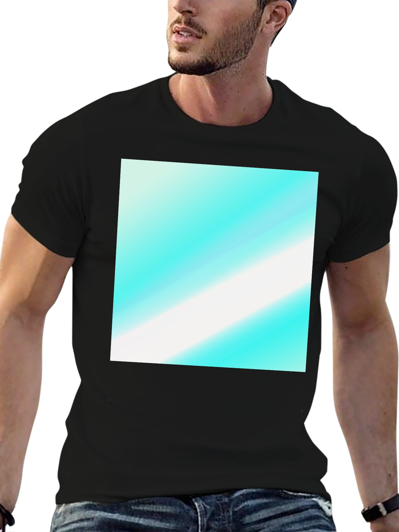 Black Modern Graphic Tee - Aqua & White Diagonal Design view 6