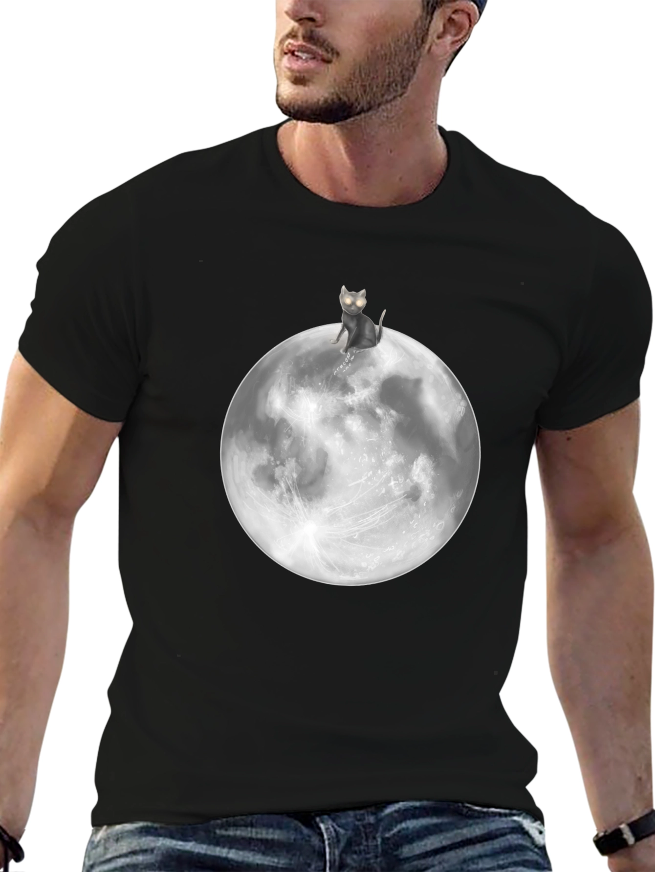 Black Cat On Moon Graphic T-Shirt - Black Cotton Tee view 6