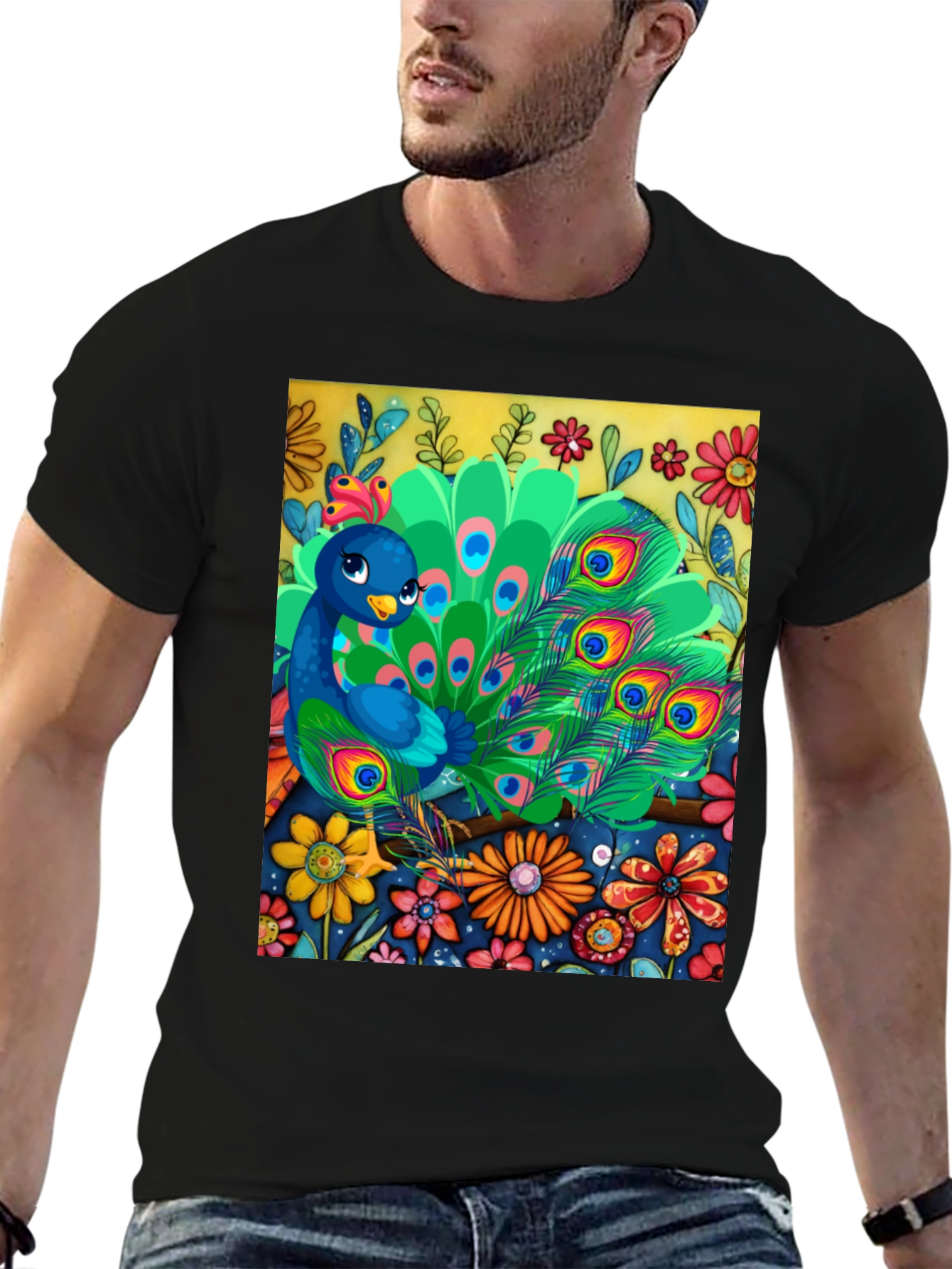 Peacock Floral Graphic Tee - Unique Art Design - 6