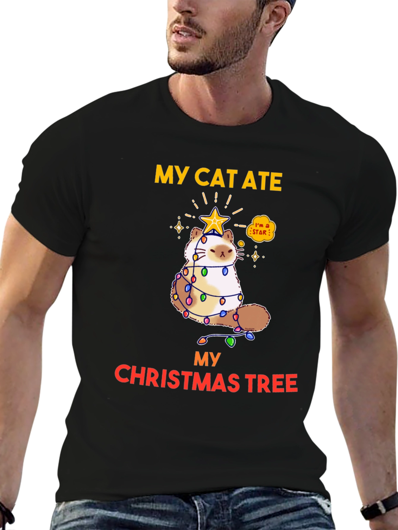 Black My Cat Ate My Christmas Tree T-Shirt view 6