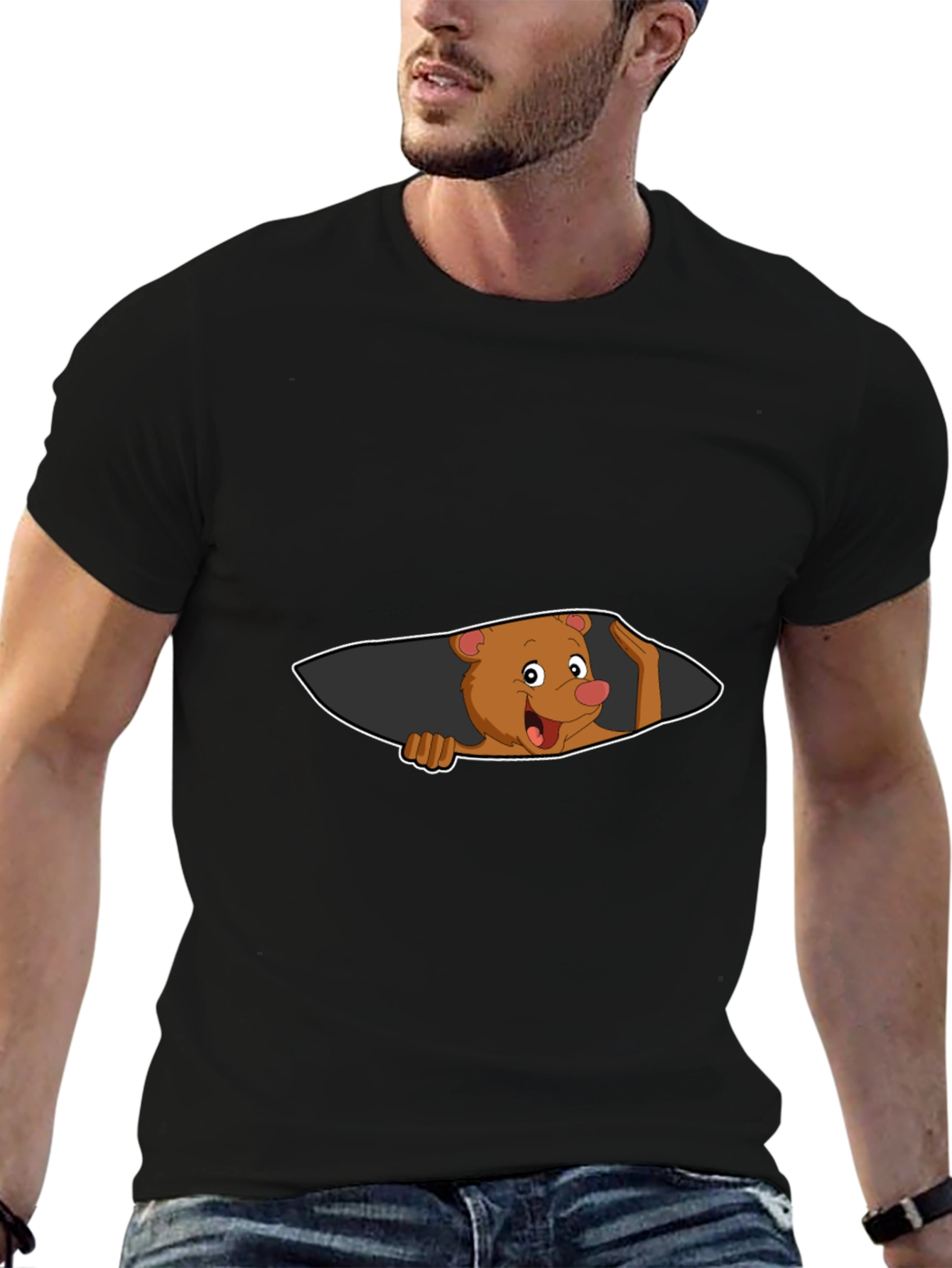 Black Cartoon Bear Peeking Men's Black T-Shirt view 6