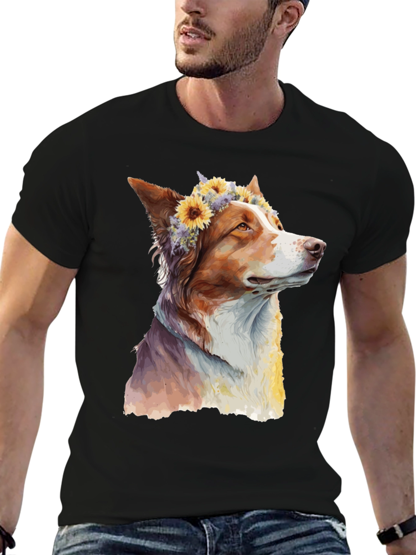 Black Dog with Flowers Graphic Tee - Artistic Print view 6
