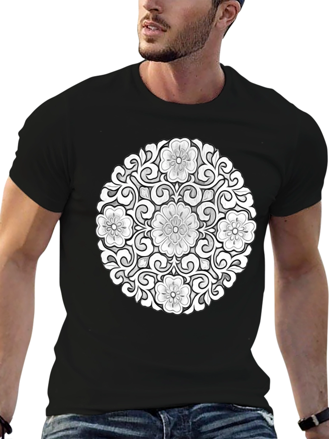 Black Floral Mandala Graphic Tee - Modern Black T-Shirt view 6