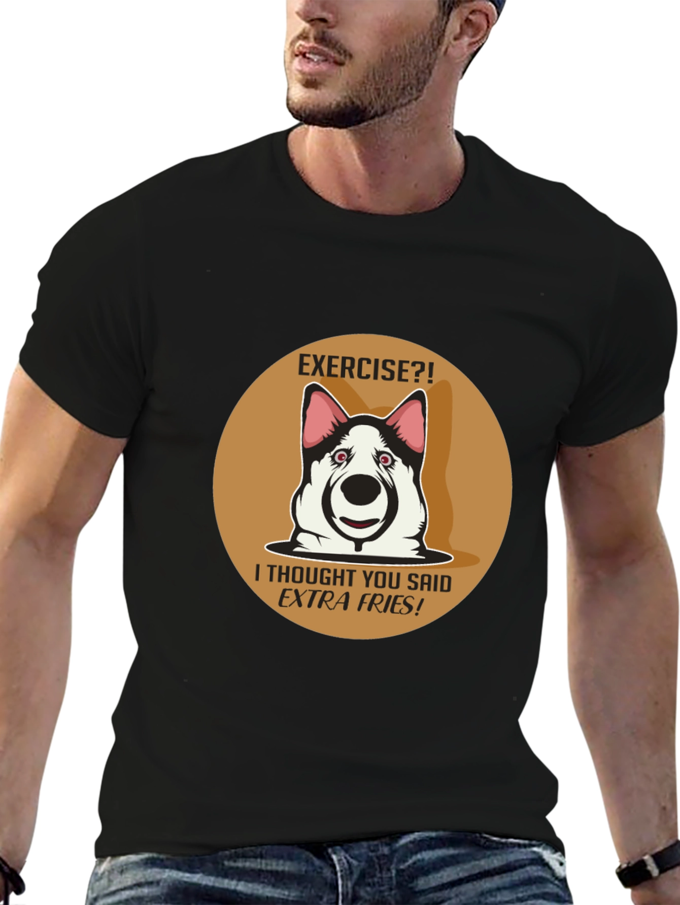 Black Exercise? Extra Fries! Funny Dog T-Shirt view 6