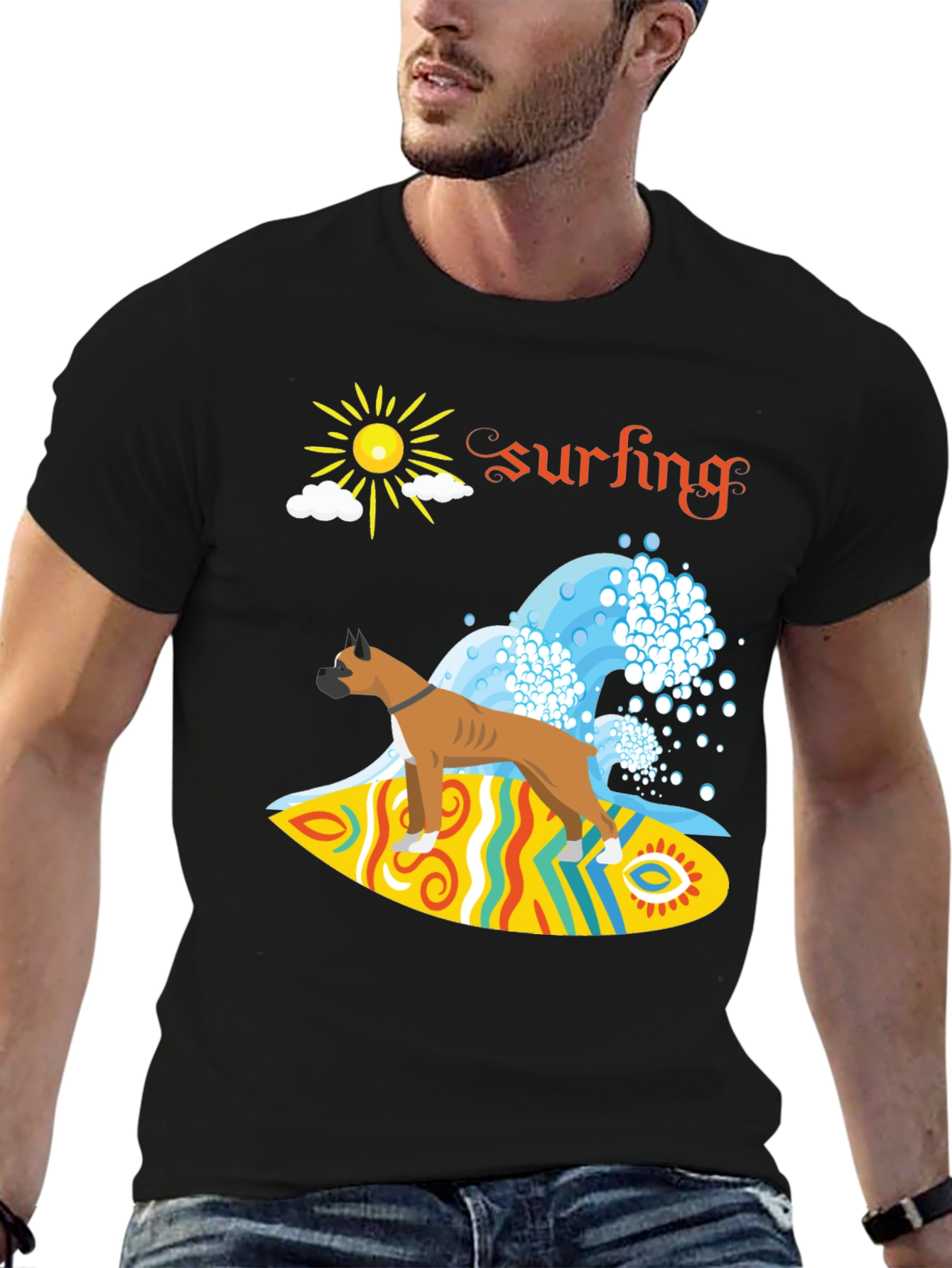 Black Surfing Boxer Dog Graphic Tee view 6