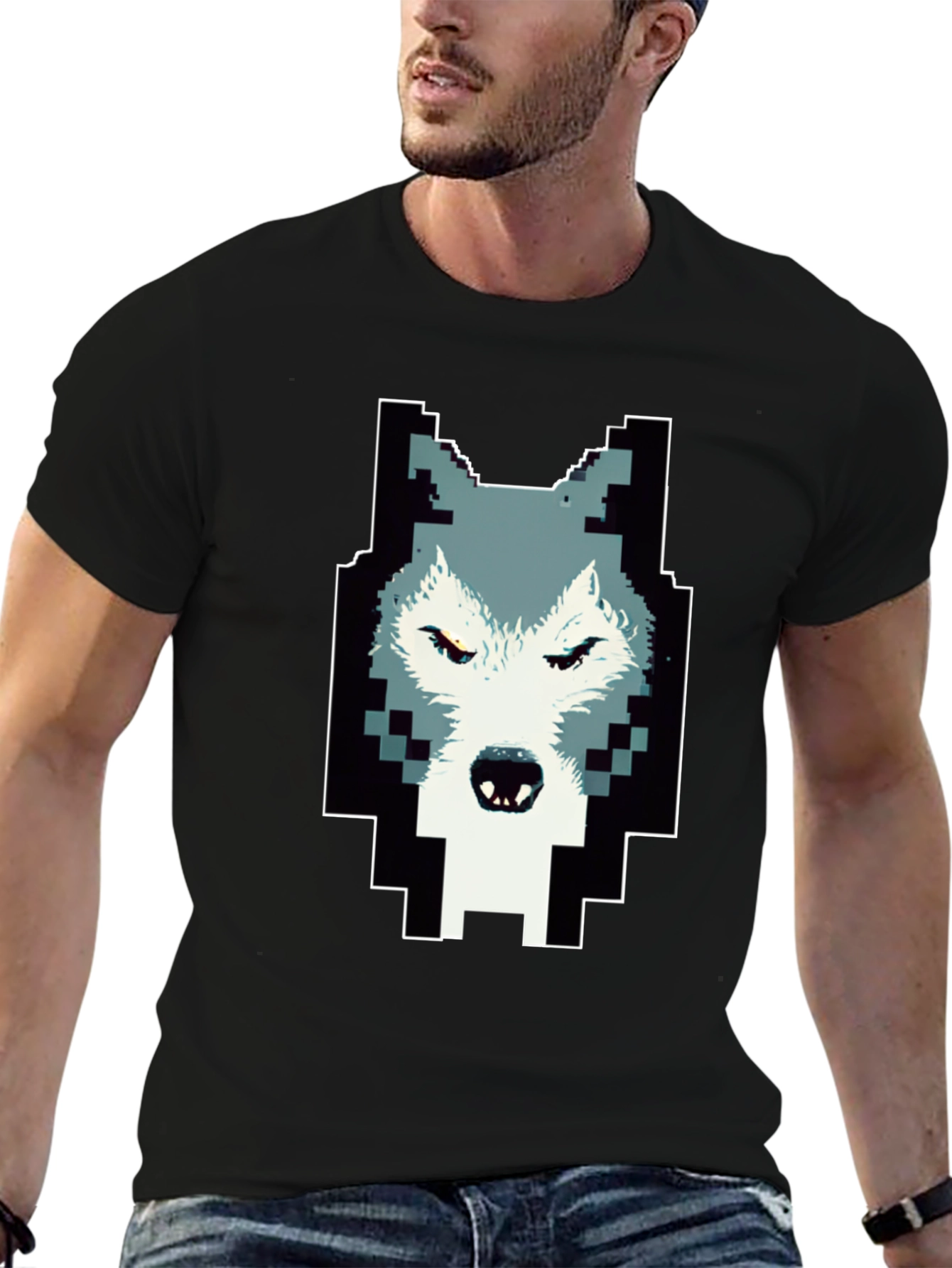 Black Pixelated Wolf Graphic Tee - Cool Design view 6