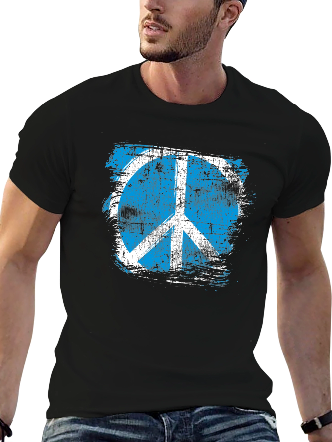 Black Distressed Peace Sign Graphic T-Shirt view 6