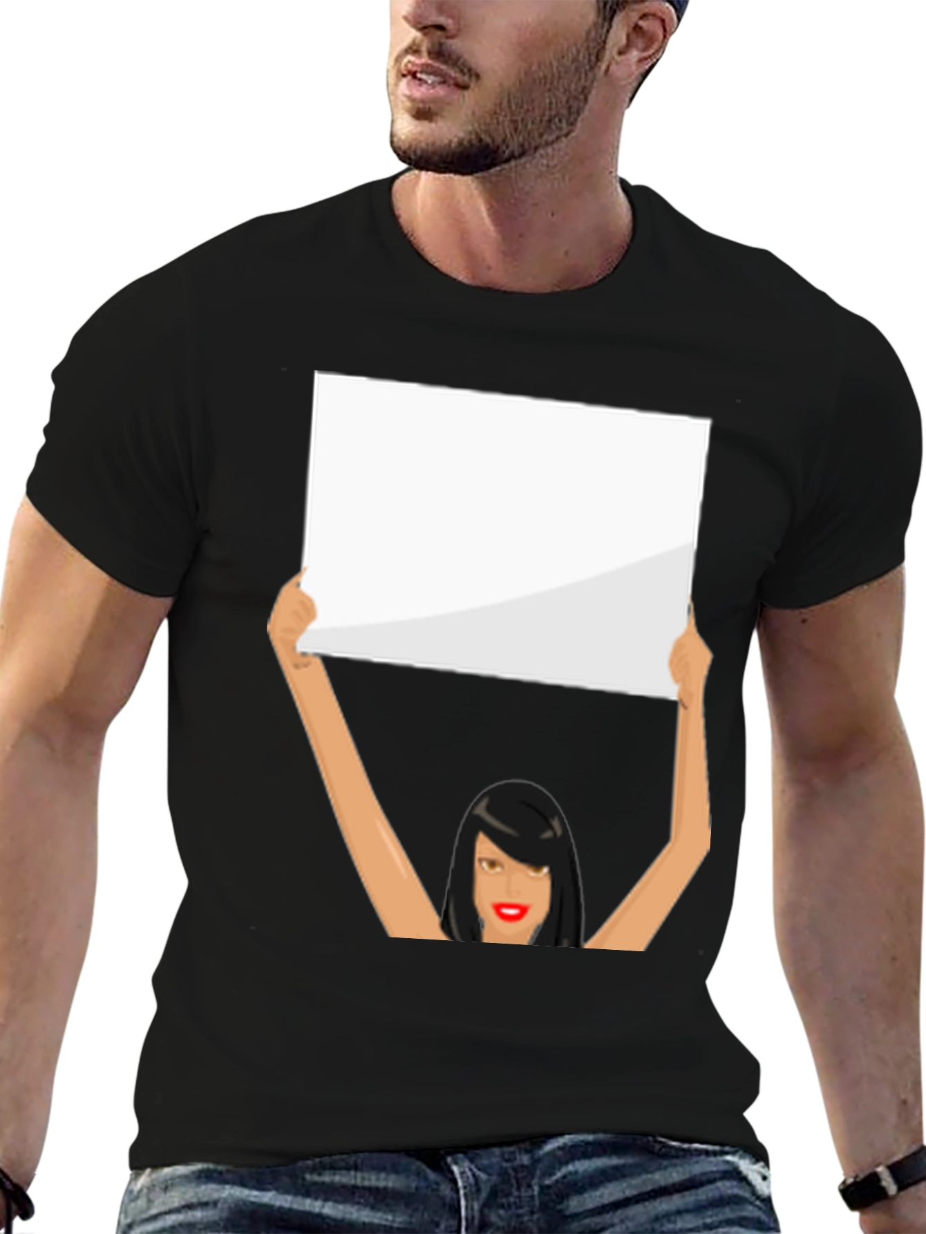 Black Novelty Graphic Tee: Woman Holding Sign view 6
