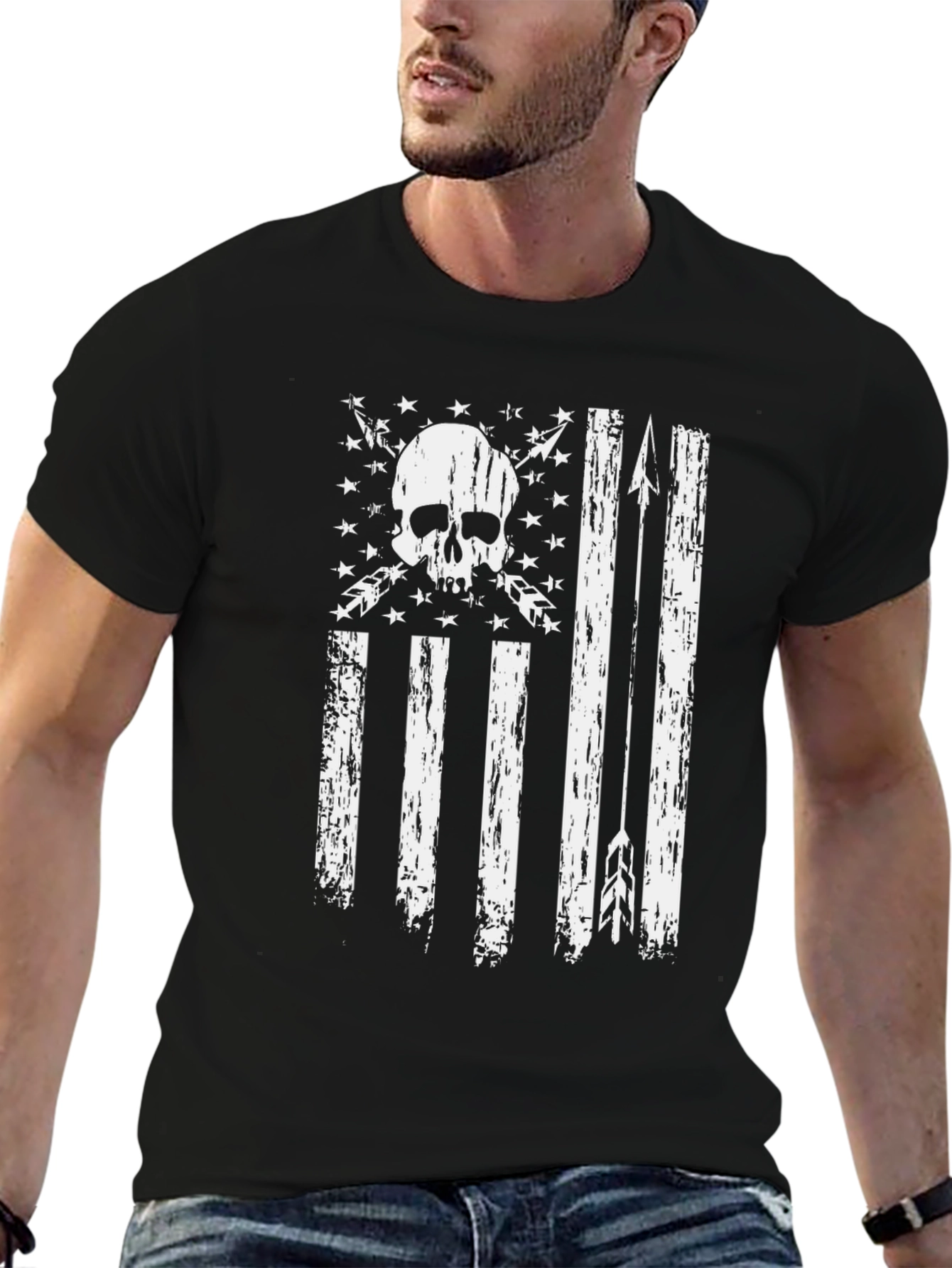 Black American Flag Skull & Arrows Graphic Tee view 6