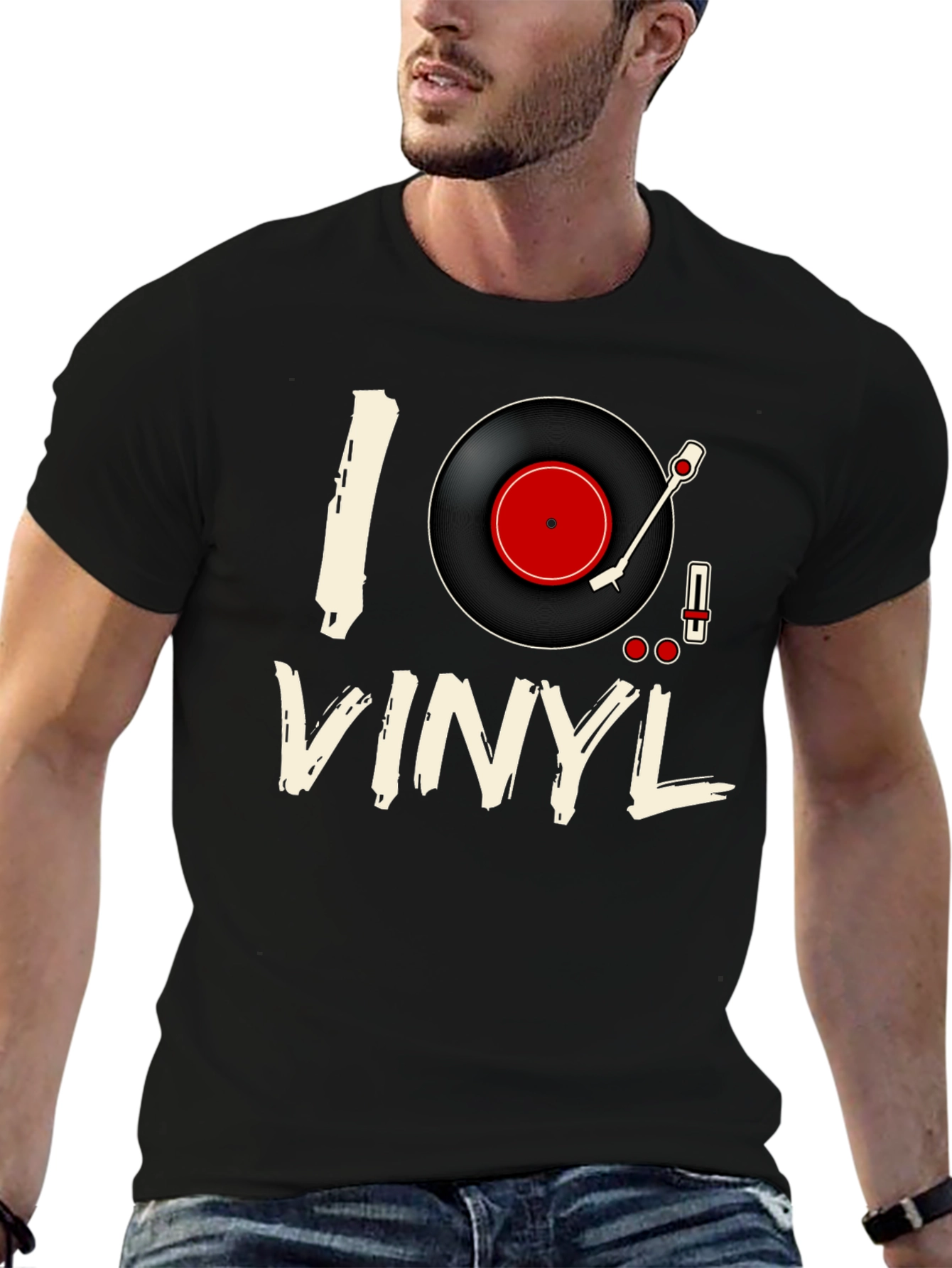 Black I Love Vinyl Black T-Shirt - Music Lover Tee view 6
