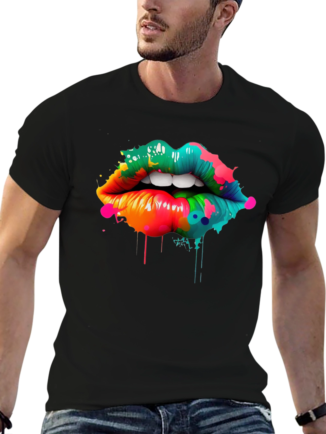 Black Colorful Lips Graphic Print T-Shirt view 6