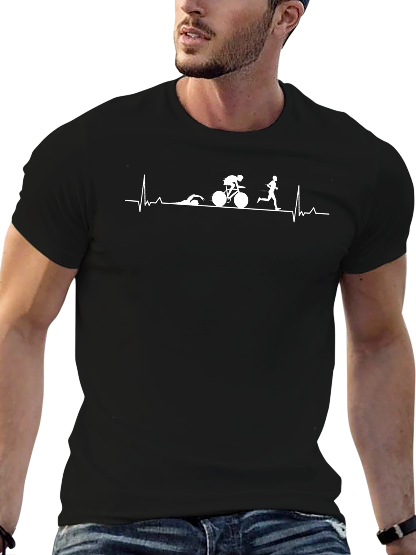Black Triathlon Heartbeat T-Shirt - Swim, Bike, Run view 6