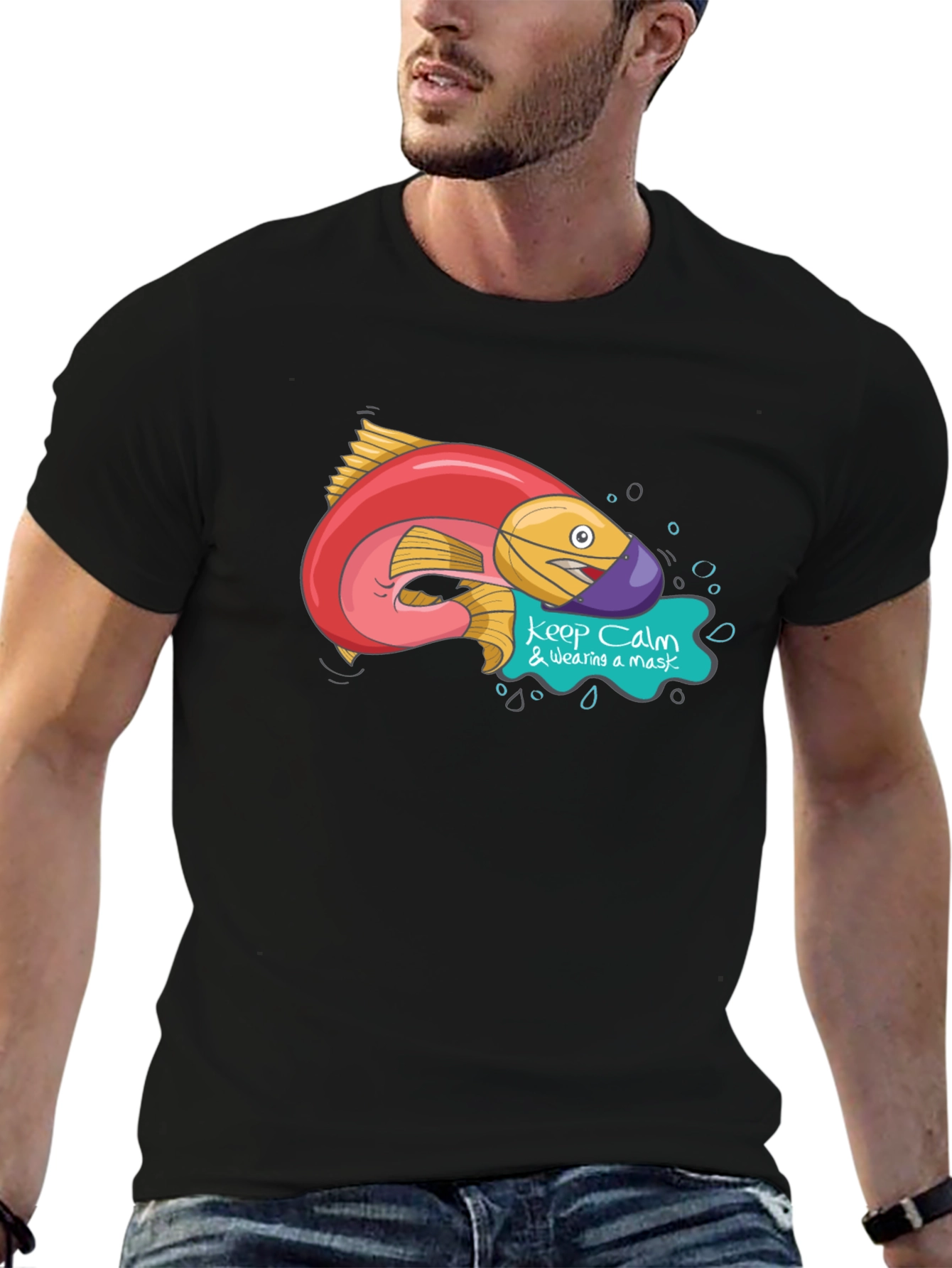 Black Funny Fish Wearing Mask Graphic T-Shirt view 6