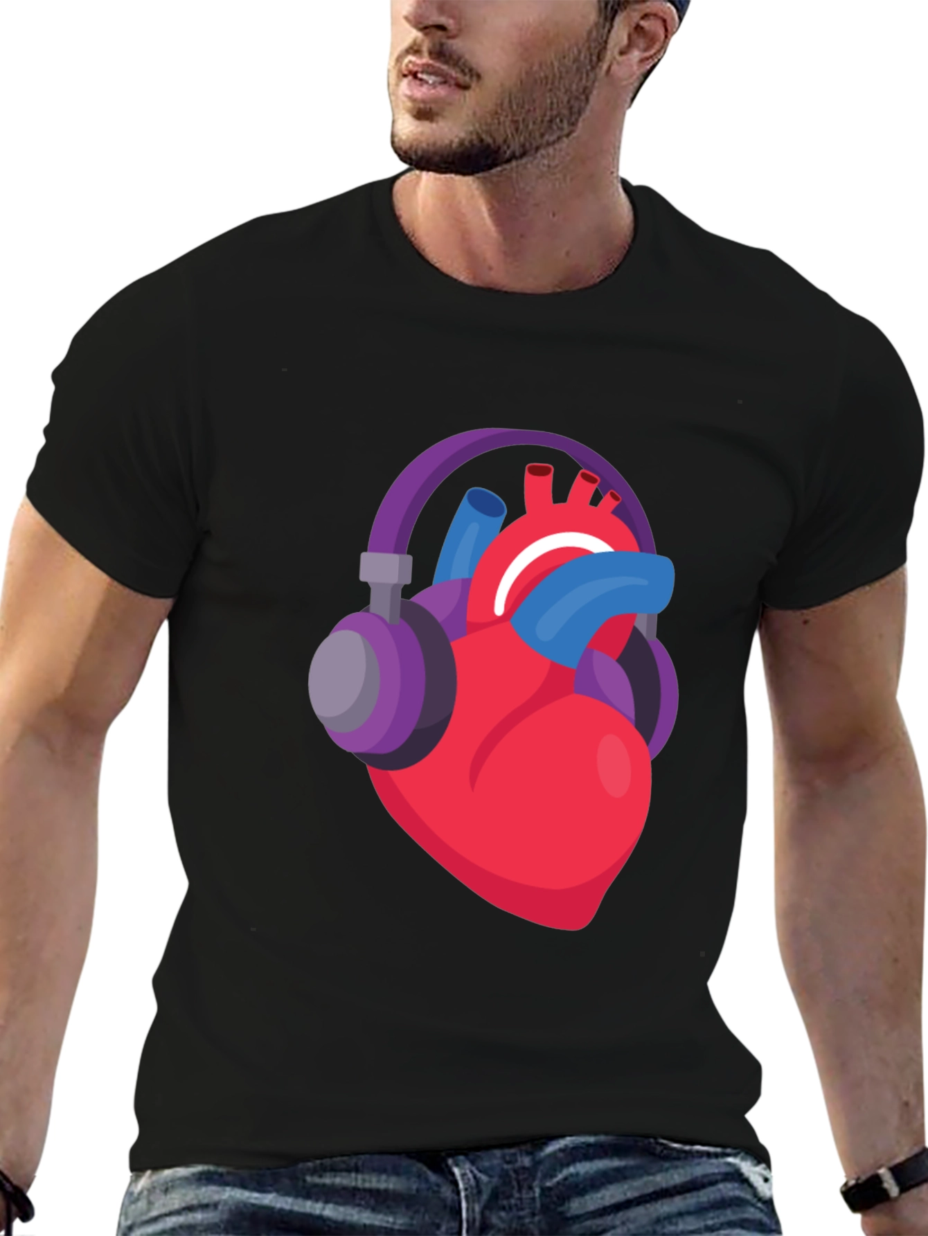 Black Heartbeat Headphones Graphic Tee - Music Lover Shirt view 6