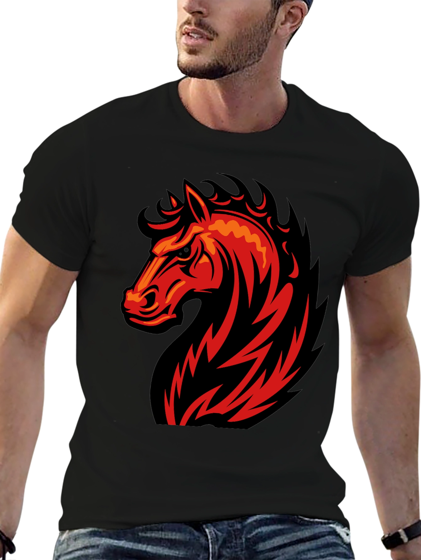 Black Black T-Shirt with Fiery Horse Graphic view 6