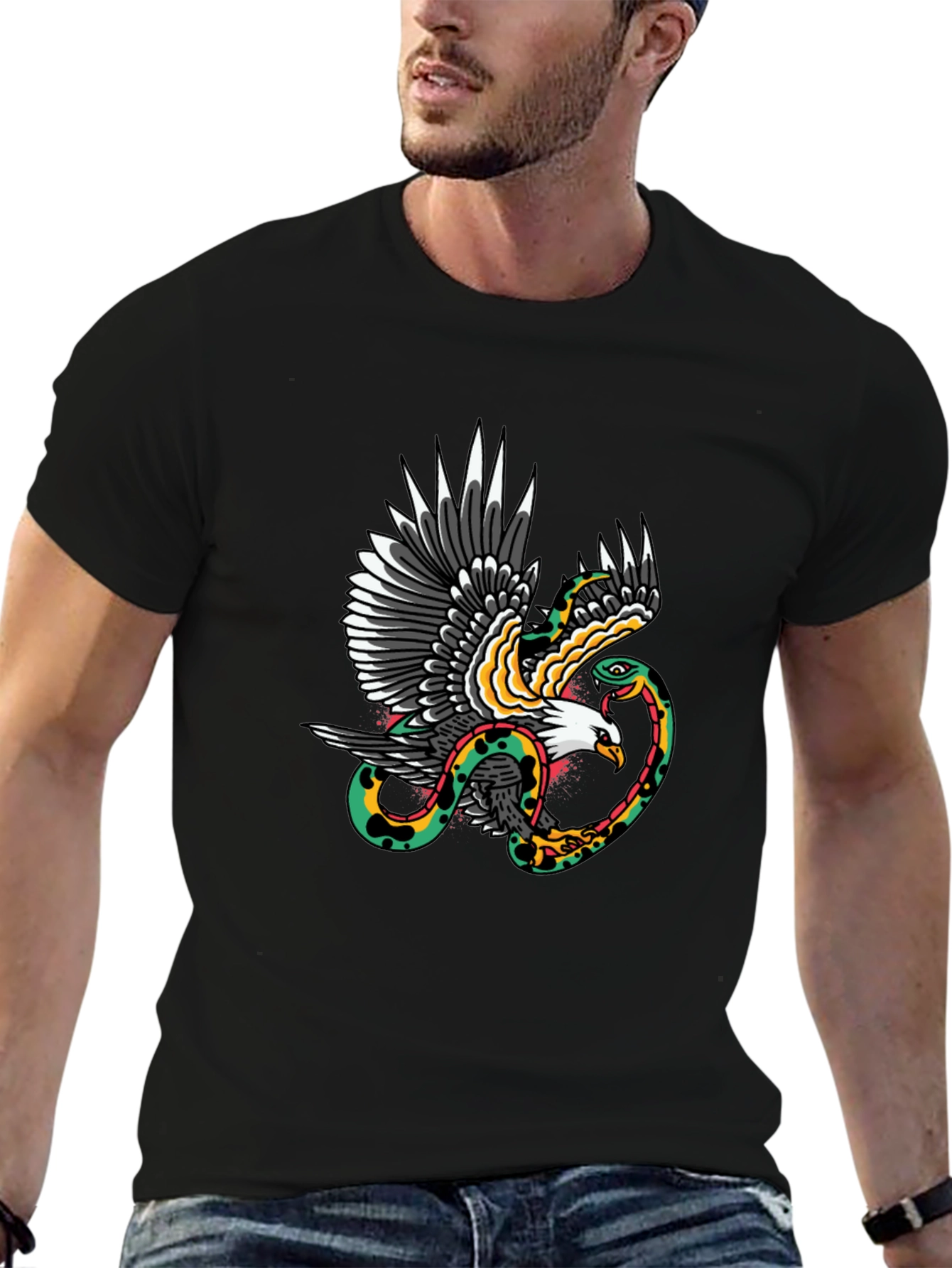 Black Eagle & Snake Graphic Print Black T-Shirt view 6