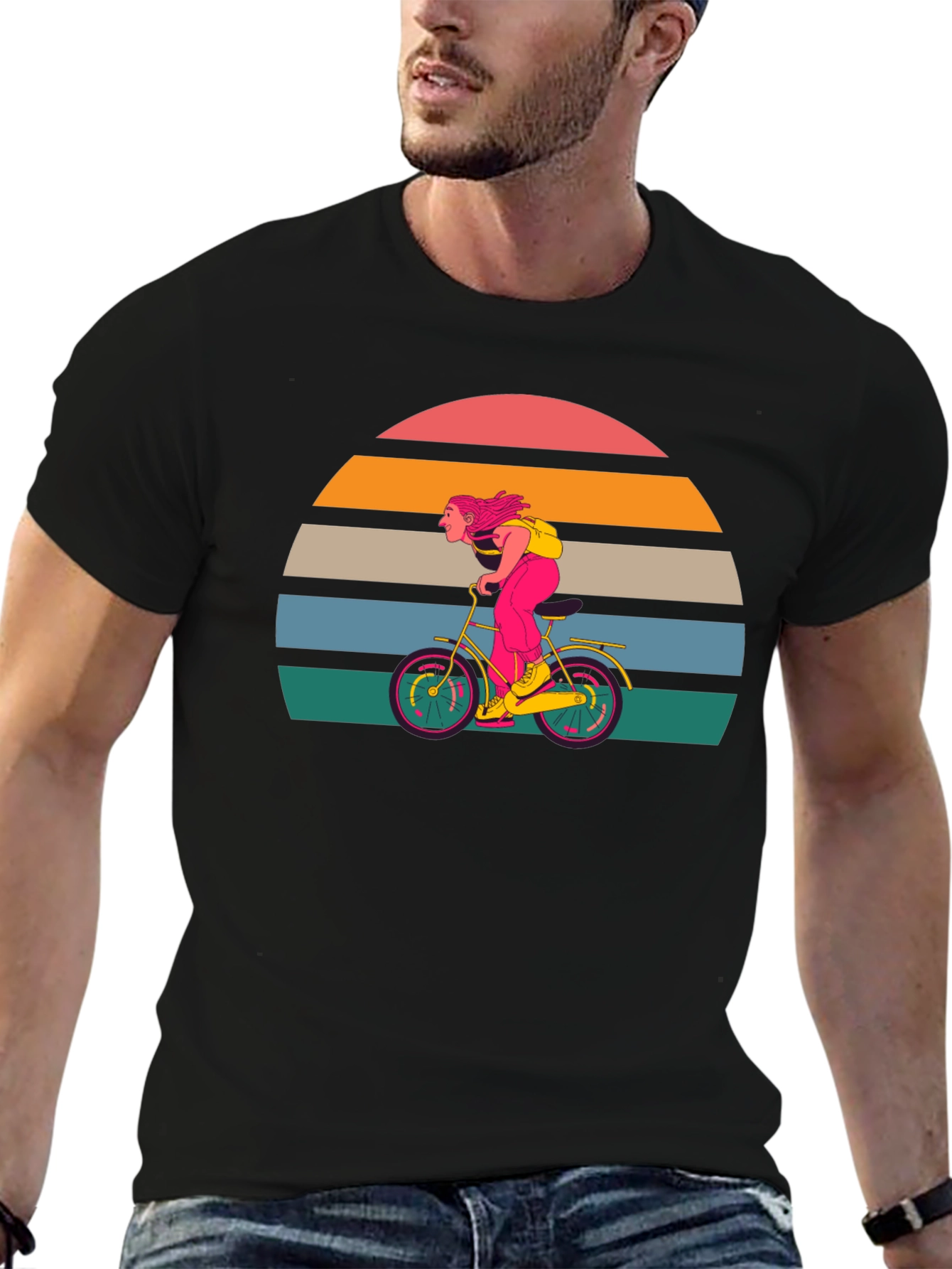 Black Retro Sunset Cyclist T-Shirt - Black view 6