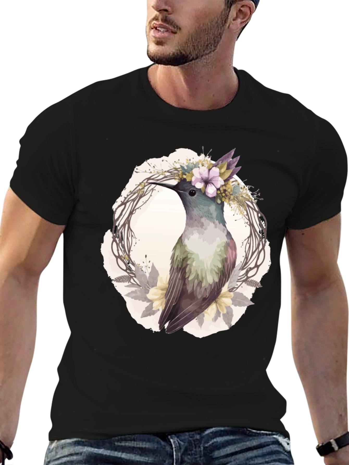 Black Hummingbird Floral Wreath T-Shirt - Nature Lover Tee view 6