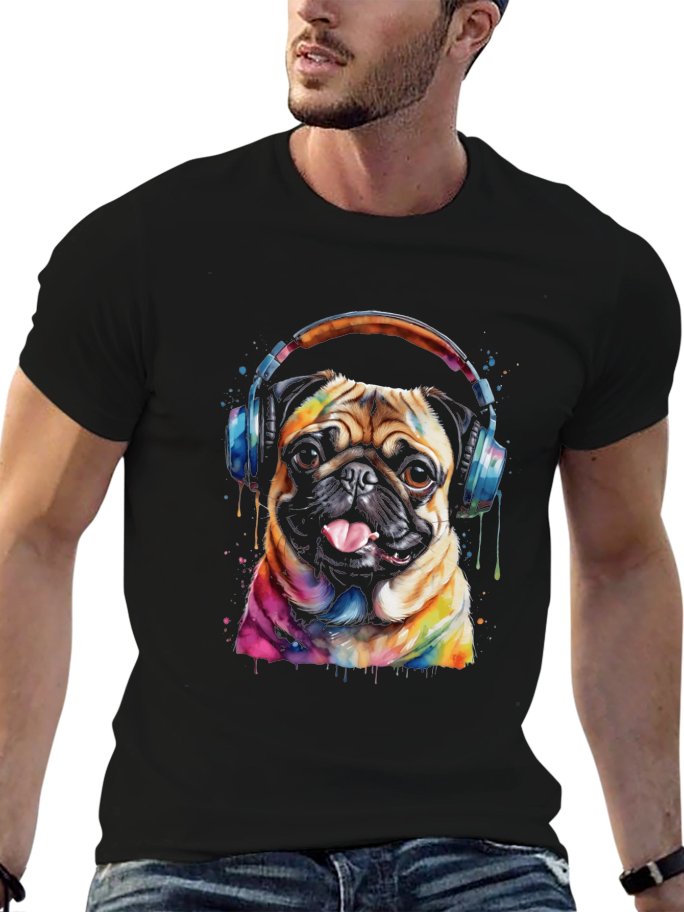 Black Pug DJ Graphic Tee - Dog Lover's Black T-Shirt view 6