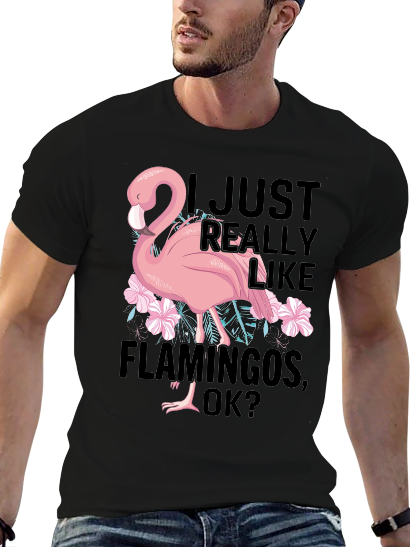 Black Funny Flamingo Graphic T-Shirt - I Just Really Like Flamingos view 6