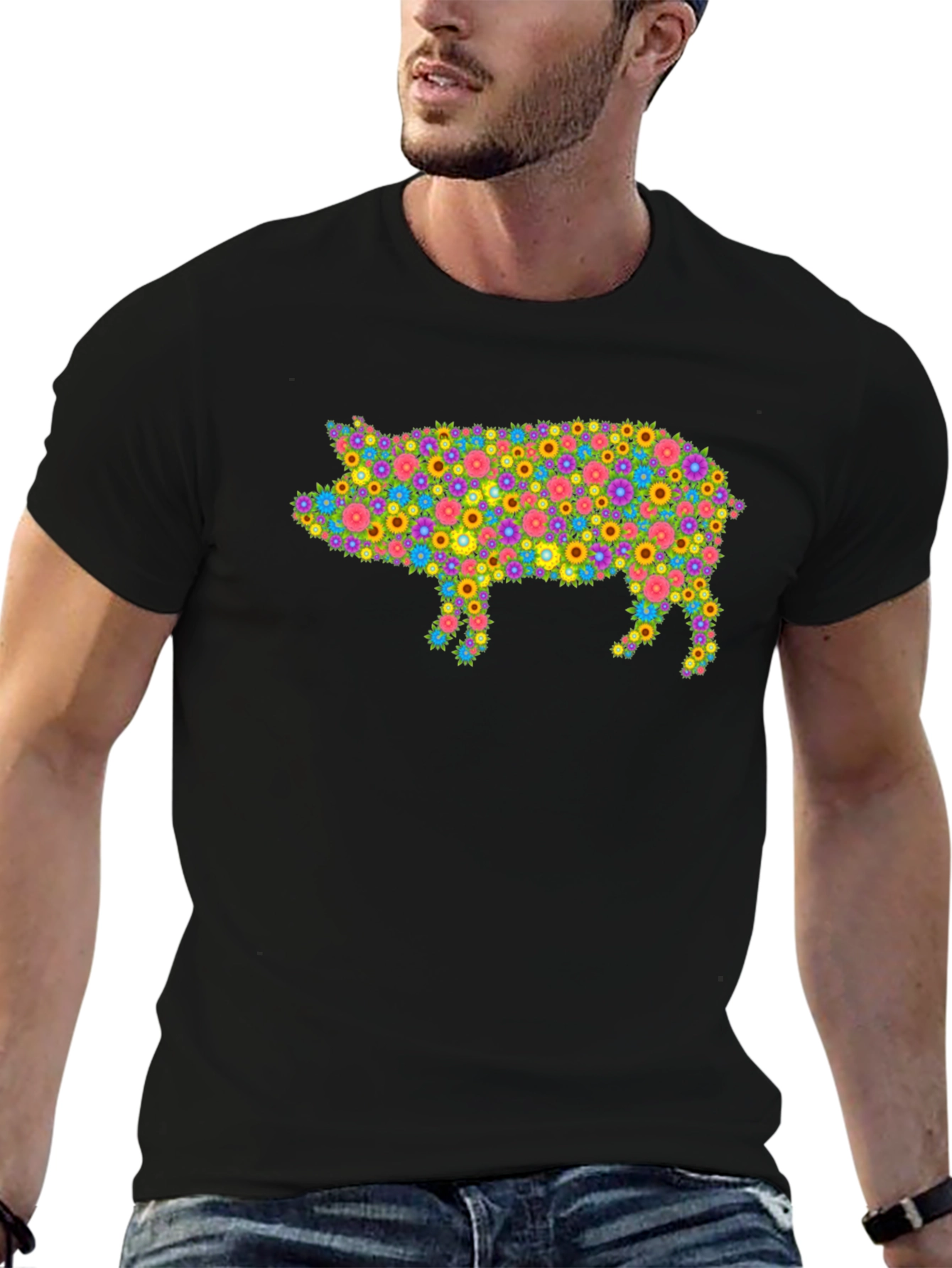 Black Floral Pig Graphic T-Shirt - Unique & Stylish view 6