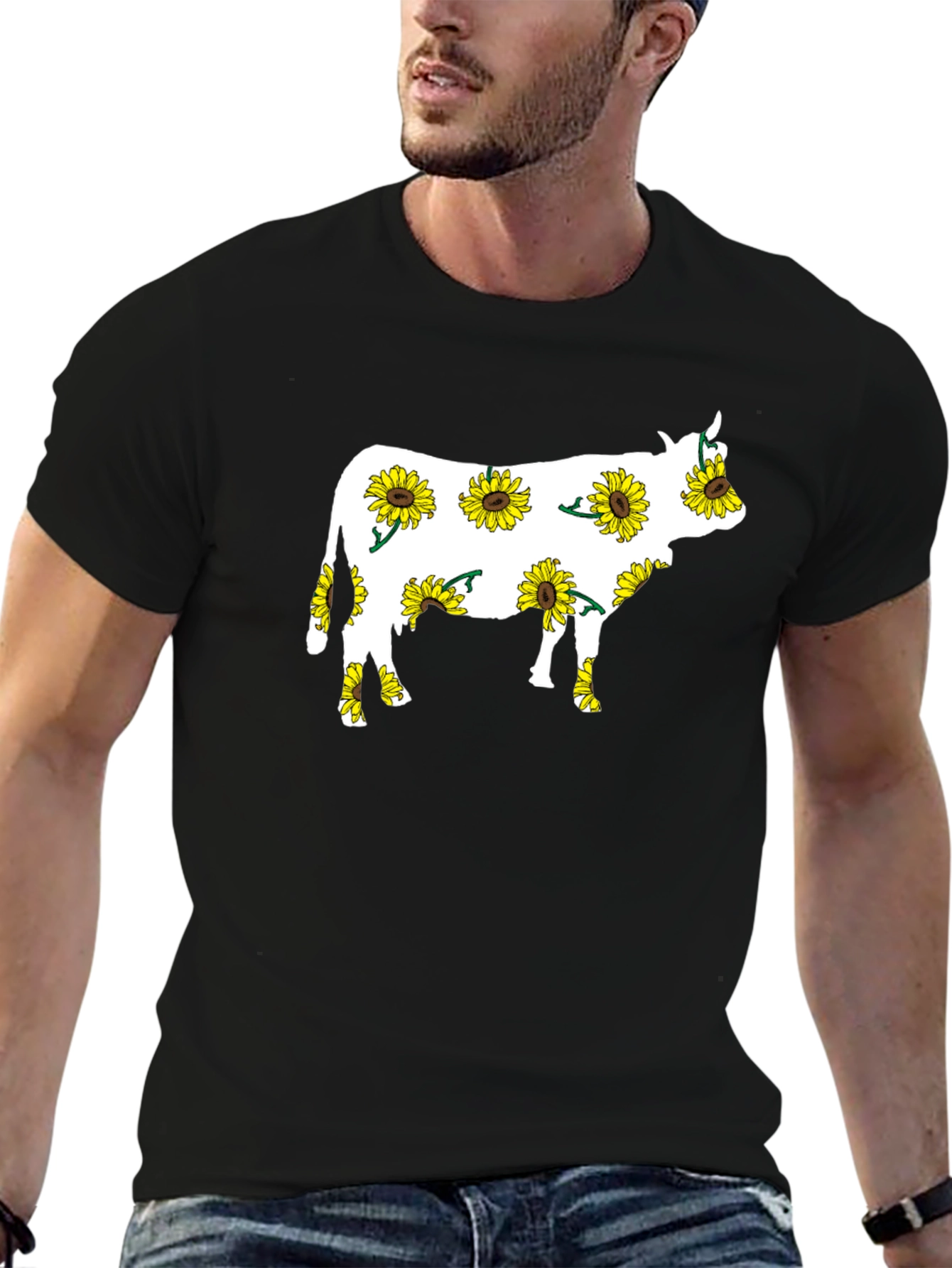 Black Sunflower Cow Graphic Tee - Black Cotton T-Shirt view 6