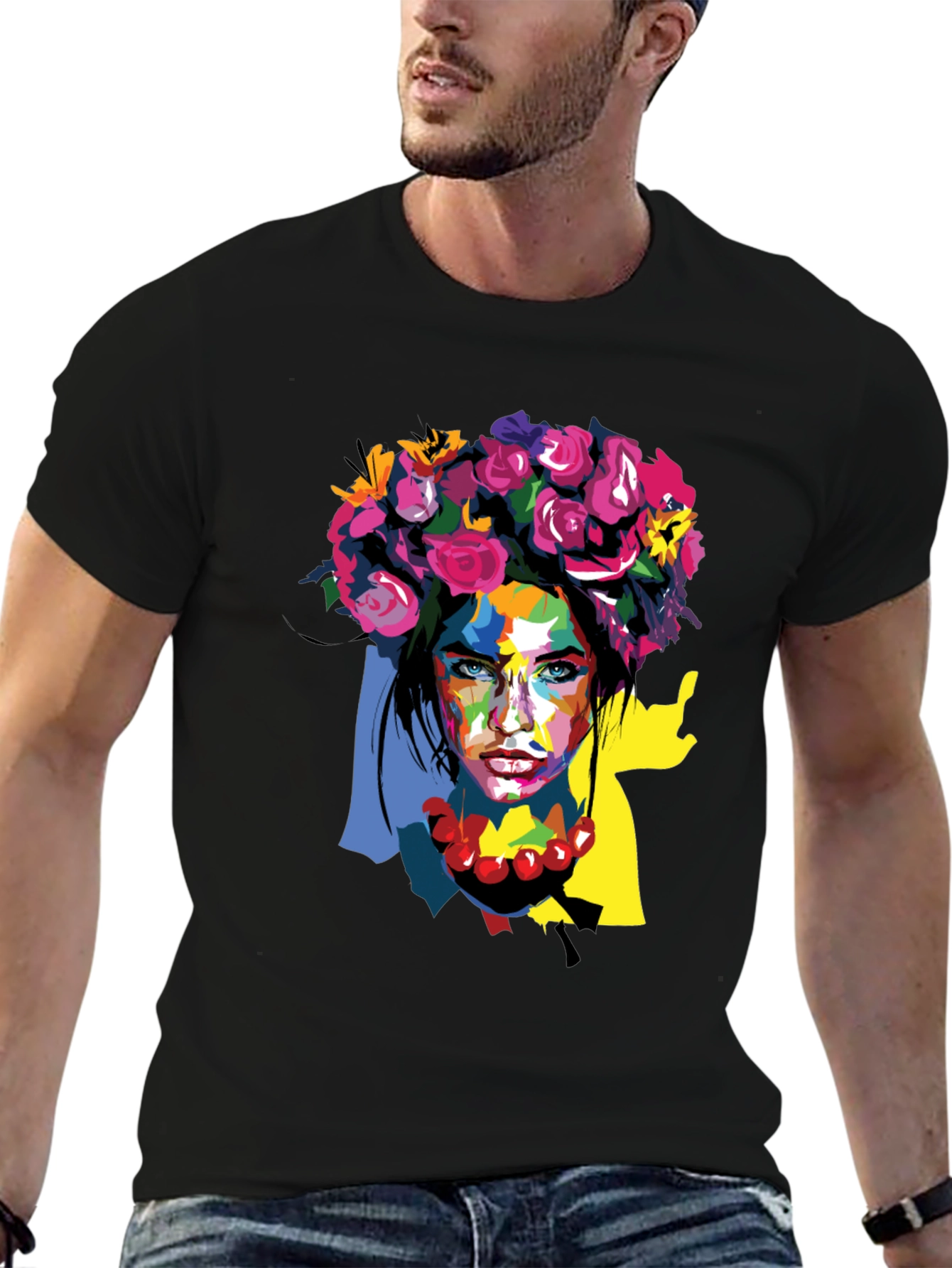 Black Floral Woman Graphic Tee - Artistic Fashion Shirt view 6