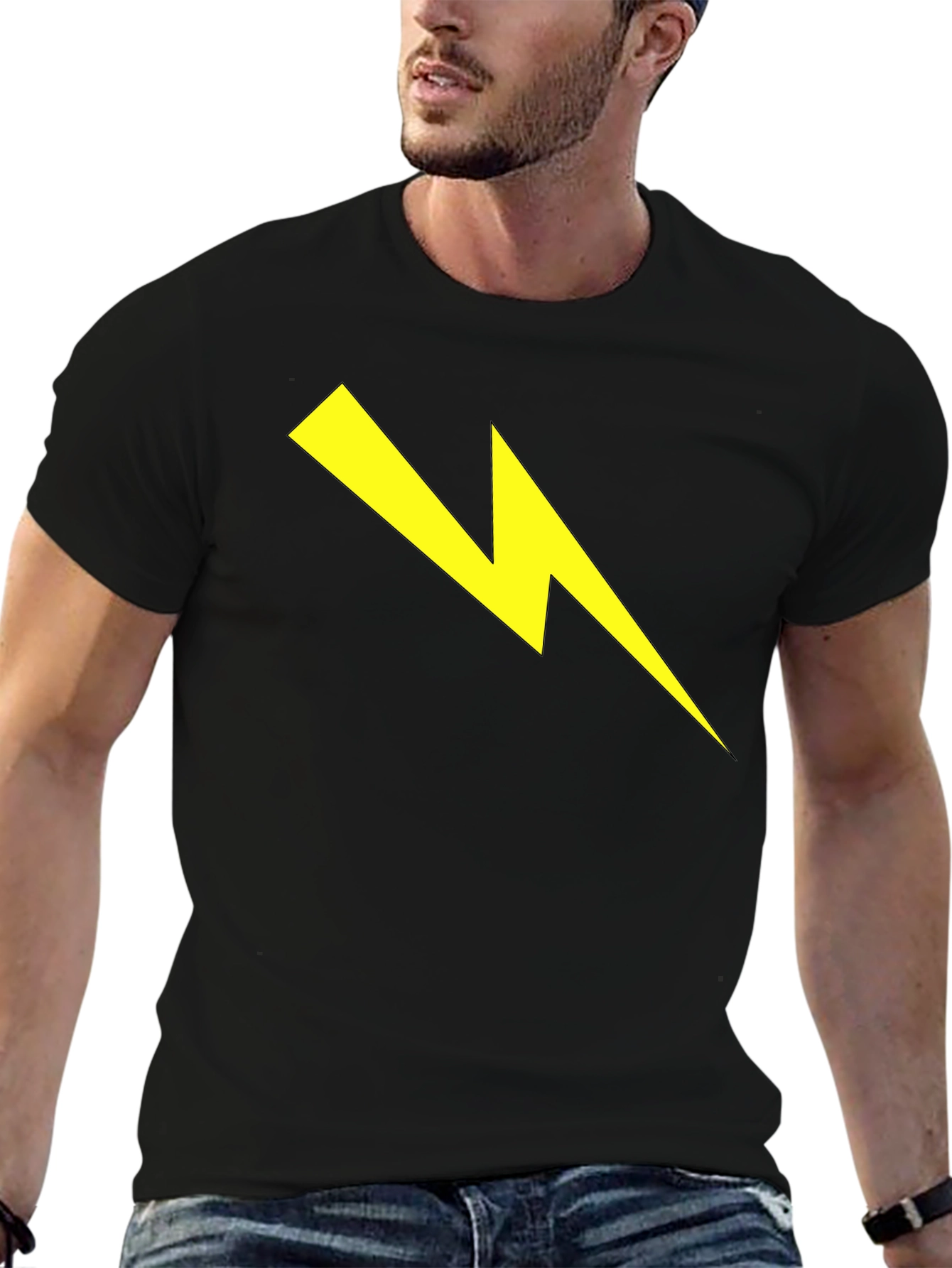 Black Lightning Bolt Graphic Tee - Striking Black Cotton T-Shirt view 6