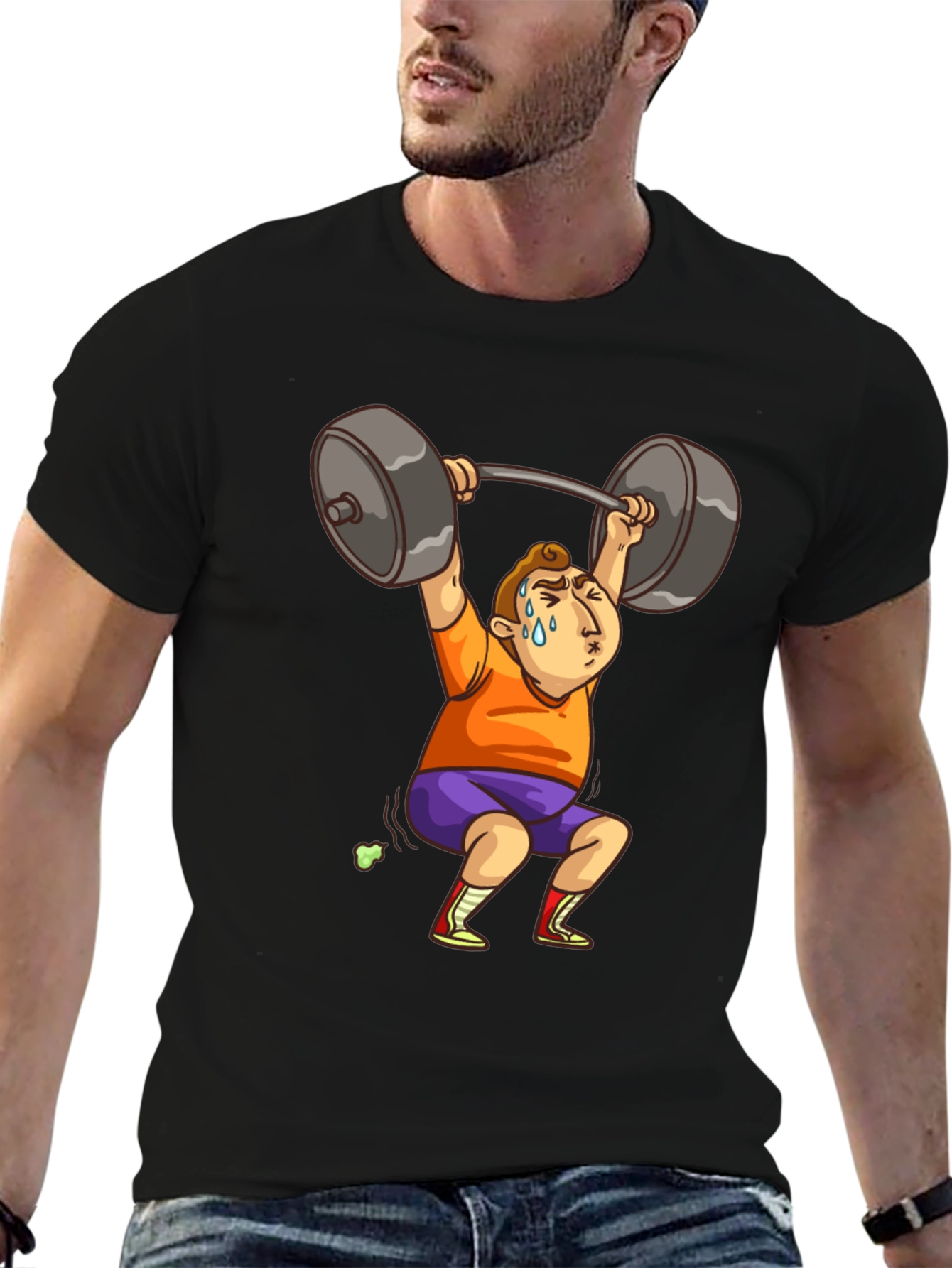 Black Funny Weightlifter Cartoon T-Shirt view 6