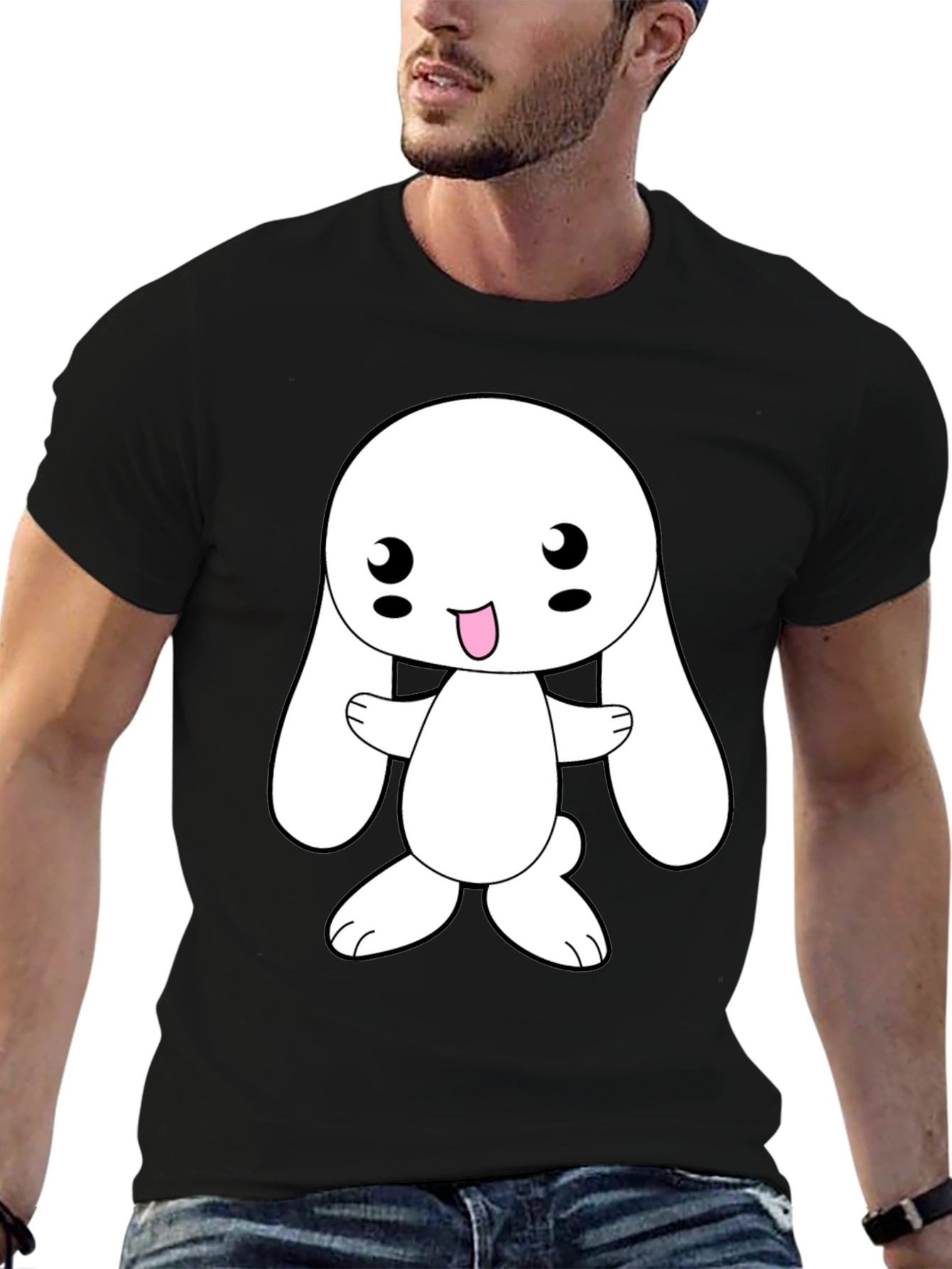 Black Cute Bunny Graphic Tee - Black Cotton Blend view 6